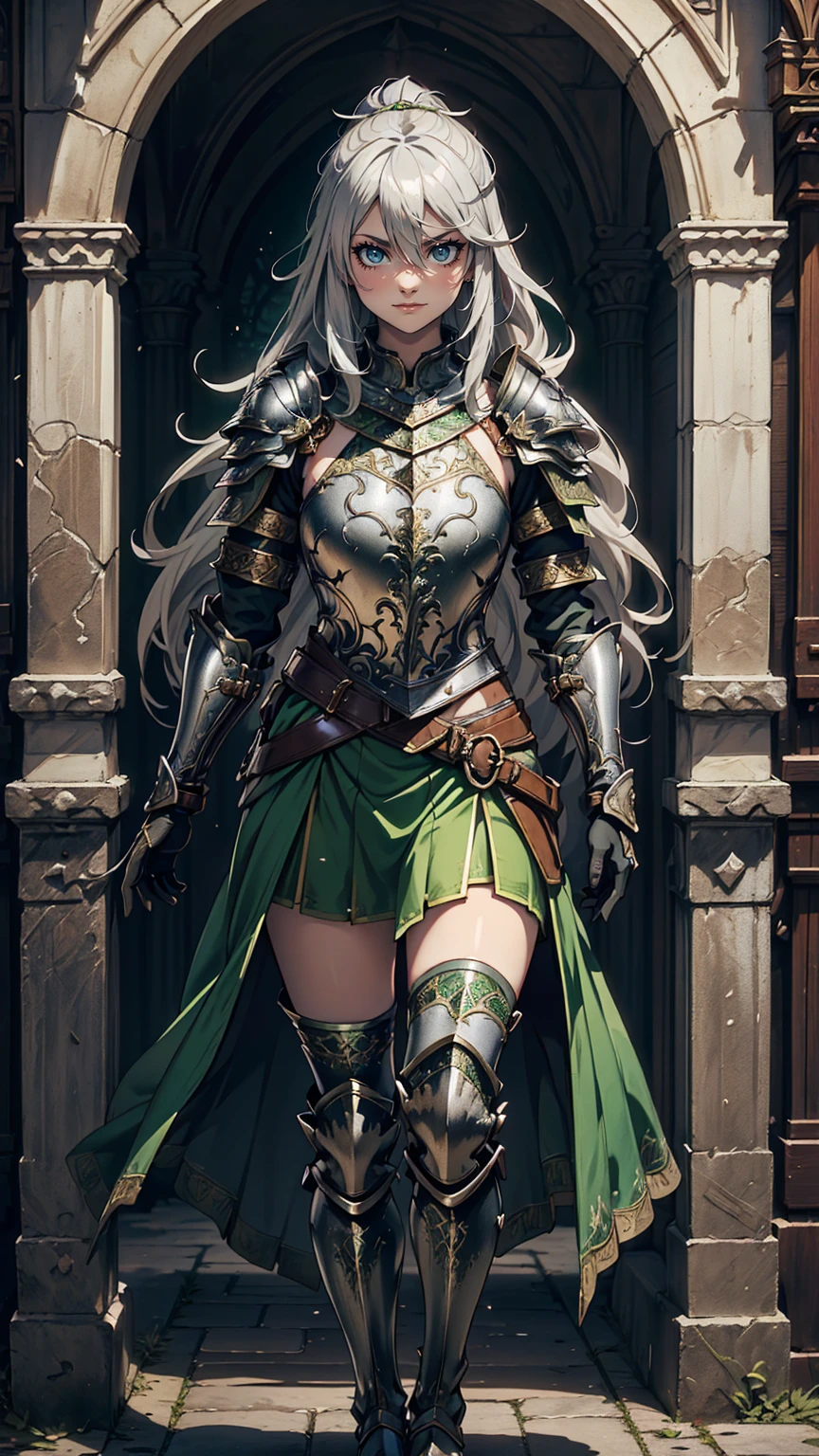 最high quality、Ultra High Definition, Ultra High Quality, Hyper Definition, Hyper Quality, Hyper Detailed, Extremely Detailed, Perfectly Detailed, Best image quality、masterpiece、anime woman((20-year-old、super dynamic pose , Green solid eyes, Silver long Hair、Disheveled Hair、Long White Hair,  Glove、Green Skirt, Noble Armor, Smirk, cheerful expression, Detailed Cuirass , Dressed in Full Coverage Noble Plate Armor, leg armor)),high quality、Beautiful art、background((Inside the mansion))、Written boundary depth、  movie、Visual Arts、Perfect art、8K,Genuine、
