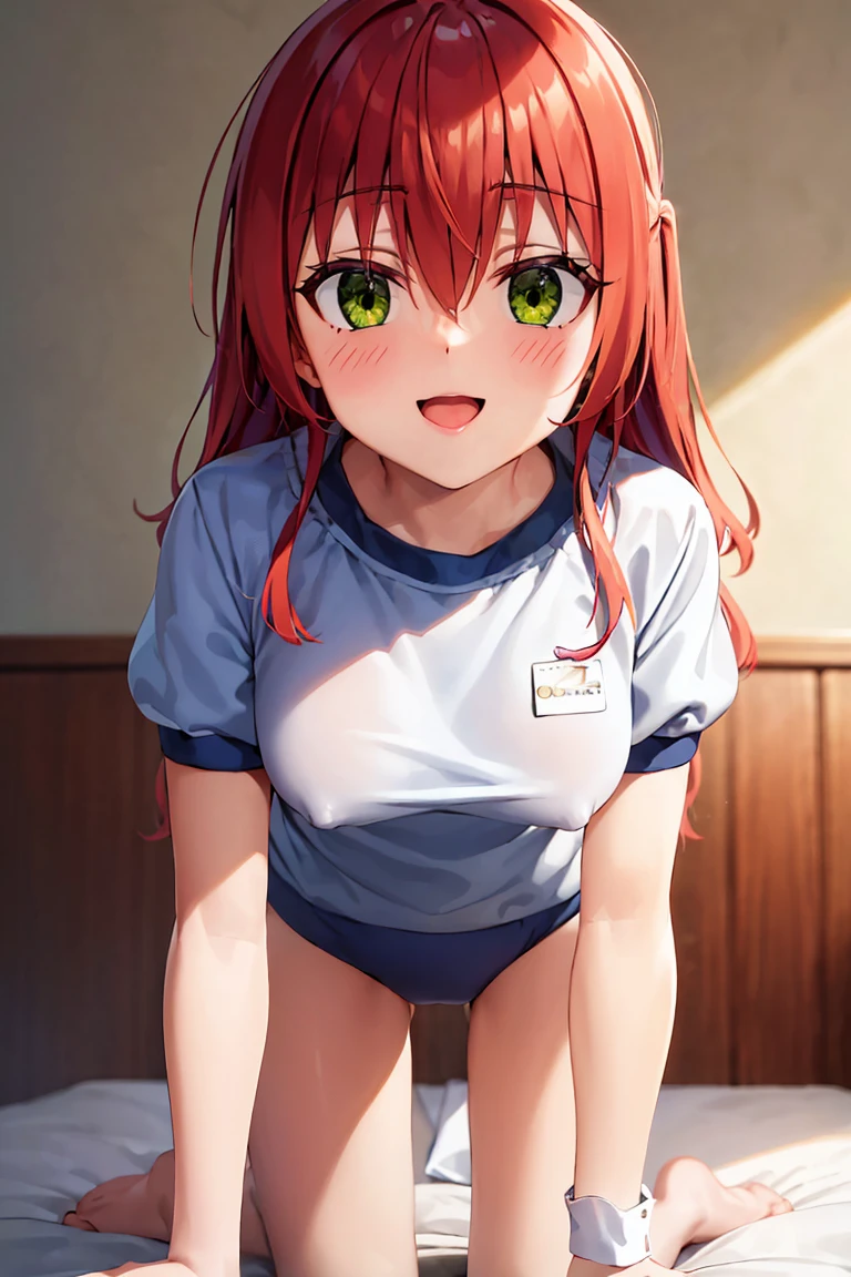 room, 1 Girl, Highest quality, Ultra-high resolution, Long Hair, Redhead, Green Eyes,Looking at the audience, Small breasts , smile, Open your mouth、Cowboy Shot、(Navy blue cuffs and white short-sleeved gym uniform)、(Navy Blue Bloomers)、(
barefoot)、Navy blue socks、(((On all fours in bed)))