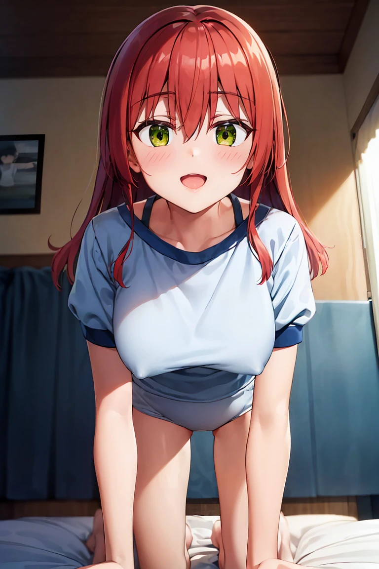 room, 1 Girl, Highest quality, Ultra-high resolution, Long Hair, Redhead, Green Eyes,Looking at the audience, Small breasts , smile, Open your mouth、Cowboy Shot、(Navy blue cuffs and white short-sleeved gym uniform)、(Navy Blue Bloomers)、(
barefoot)、Navy blue socks、(((On all fours in bed)))