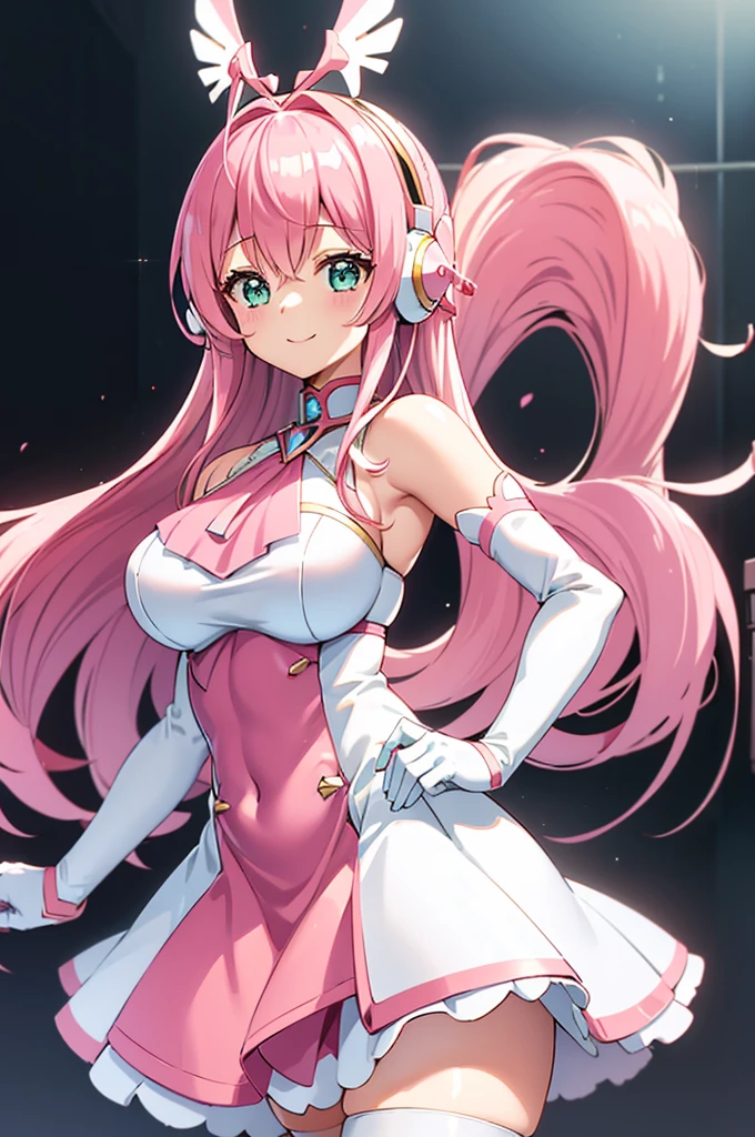 Mecha Wings、pink and white skirt、Accentuated thighs、White tights、chest、Beautiful pink hair、1 girl、solo girl、Thick thighs、is、Frame Arms Girl、Alice Gere Aegis、armor、income、headphone、hand on own chest、smile、idol costume