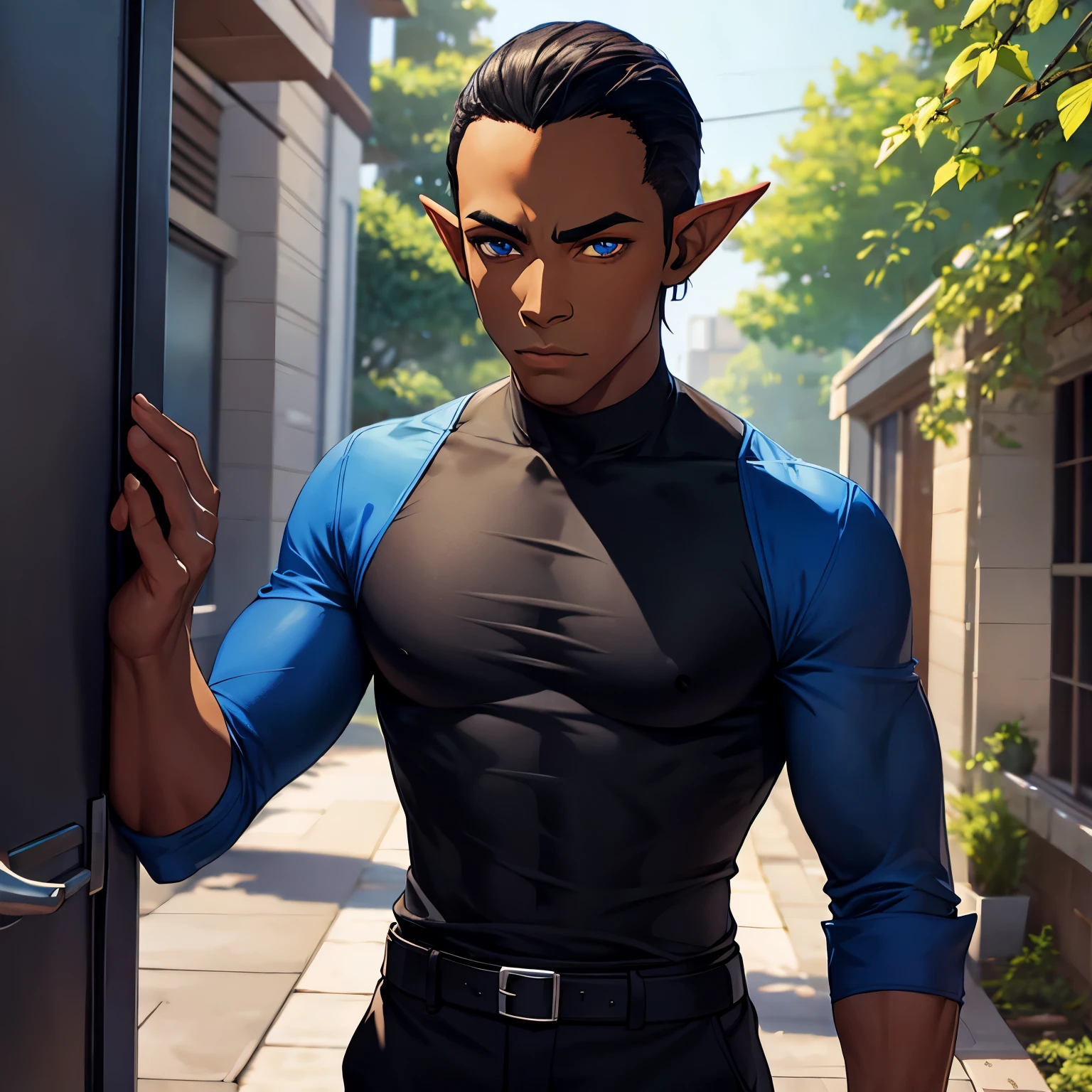 a black elf man wearing a blue shirt standing outside his out