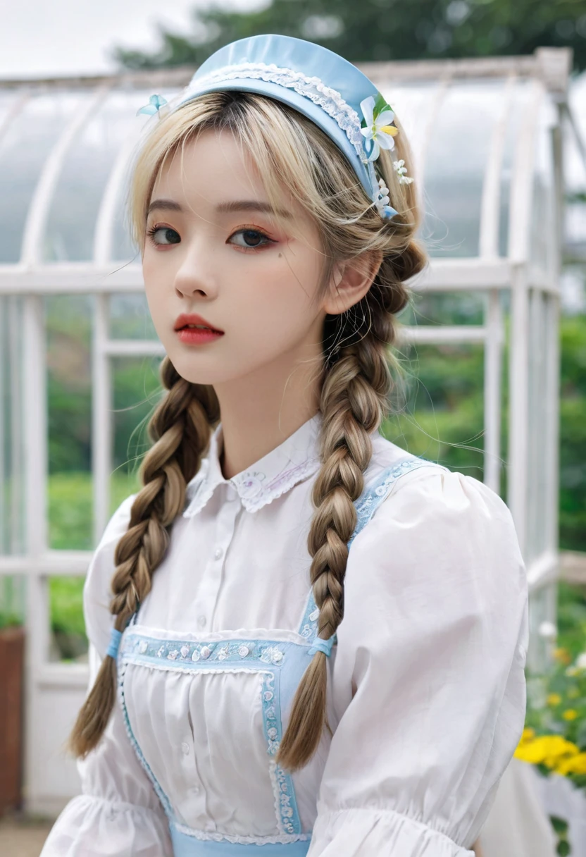((Flower Type)), (), (1 Girl), (((Solitary))), (Practical:1.5), Light Particles, Light, Victorian Era, (Best Illustration Award), photoPractical, Octane Rendering, 8K, Neon, Flying Cars, Delicate face, Delicate eyes, ((maid)), maid headband, Long braids, Very long hair, Blonde hair, blue eyes, (Sharp eyeliner, Eyeshadow, Delicate eyes:1.1), (ulzzang-6500), Model pose, (permanent), (outdoor), Noon time, Public area, indoors, (Green house in the background), Breaking down the G36  