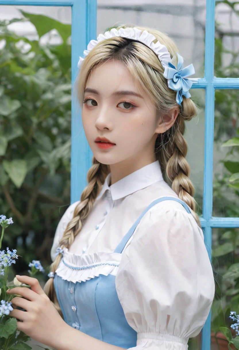 ((Flower Type)), (), (1 Girl), (((Solitary))), (Practical:1.5), Light Particles, Light, Victorian Era, (Best Illustration Award), photoPractical, Octane Rendering, 8K, Neon, Flying Cars, Delicate face, Delicate eyes, ((maid)), maid headband, Long braids, Very long hair, Blonde hair, blue eyes, (Sharp eyeliner, Eyeshadow, Delicate eyes:1.1), (ulzzang-6500), Model pose, (permanent), (outdoor), Noon time, Public area, indoors, (Green house in the background), Breaking down the G36