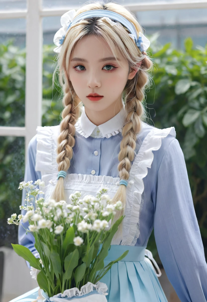 ((Flower Type)), (), (1 Girl), (((Solitary))), (Practical:1.5), Light Particles, Light, Victorian Era, (Best Illustration Award), photoPractical, Octane Rendering, 8K, Neon, Flying Cars, Delicate face, Delicate eyes, ((maid)), maid headband, Long braids, Very long hair, Blonde hair, blue eyes, (Sharp eyeliner, Eyeshadow, Delicate eyes:1.1), (ulzzang-6500), Model pose, (permanent), (outdoor), Noon time, Public area, indoors, (Green house in the background), Breaking down the G36