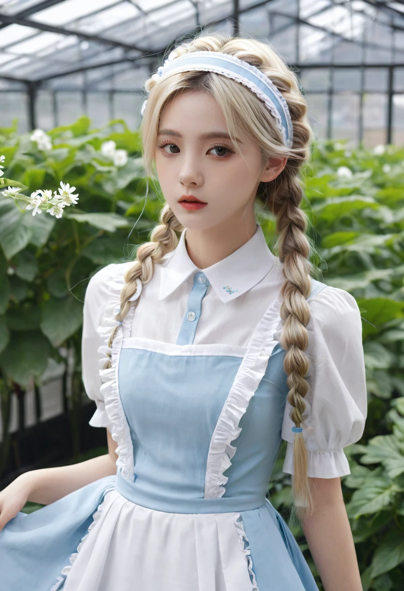 ((Flower Type)), (), (1 Girl), (((Solitary))), (Practical:1.5), Light Particles, Light, Victorian Era, (Best Illustration Award), photoPractical, Octane Rendering, 8K, Neon, Flying Cars, Delicate face, Delicate eyes, ((maid)), maid headband, Long braids, Very long hair, Blonde hair, blue eyes, (Sharp eyeliner, Eyeshadow, Delicate eyes:1.1), (ulzzang-6500), Model pose, (permanent), (outdoor), Noon time, Public area, indoors, (Green house in the background), Breaking down the G36