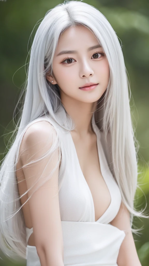 TWICE tzuyu, Korean beauty, silvery white hair, long hair, small face, fair skin, narrow eyes, slanted eyes, slender, big breasts, sex appeal, lustrous, mature