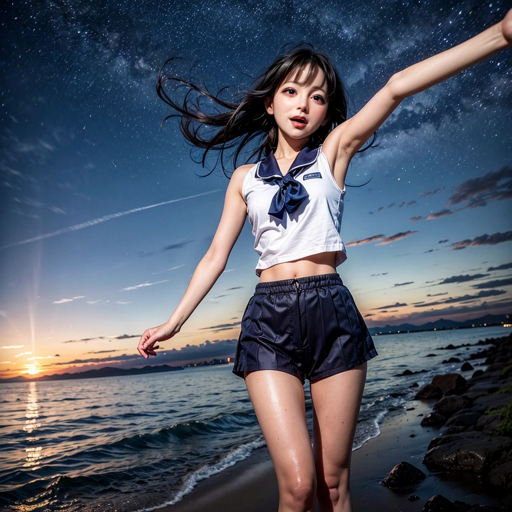 ManoErina, Masterpiece of ProfessionalPhoto ((ExtremelyDetailed (12 PICHIPICHI KAWAII Girls Floating in The Air in a row:1.37) in WHITE at Dusk Enoshima Beach)), {(Standing Full Body:1.2)|(from below:1.2)}, Different types of hair colors, {(skinny(SchoolSwimwear))|(SchoolUniform)with Tiny AthleticShorts}, {Detailed Childish hand|Hidden hand|Armpit|Different types of breasts of various sizes from HUGE to FLAT|(Clearly Visible the shape of Butt)}, Joyful Expressions LifeLike Rendering, PerfectLighting, (Dazzling Horizon Visible through ThighGap), (Starry IridescentParticles:1.22) ColorfulClouds