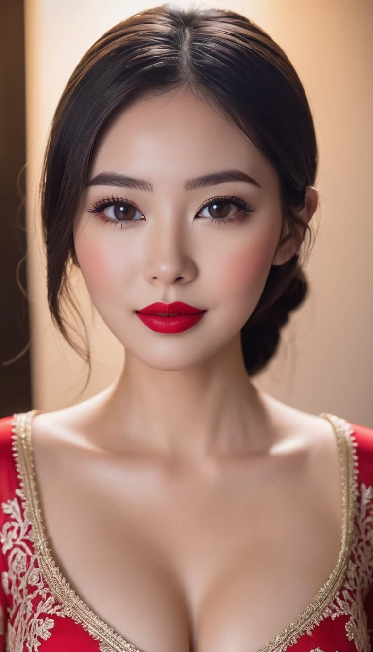 instagram photo, closeup face photo of 23 y.o Chloe in kebaya, Red Lipstick, sensual Lipstick, Sensational Make Up, cleavage, pale skin, (smile:0.4), hard shadows, Red G-STRING, bright lighting 