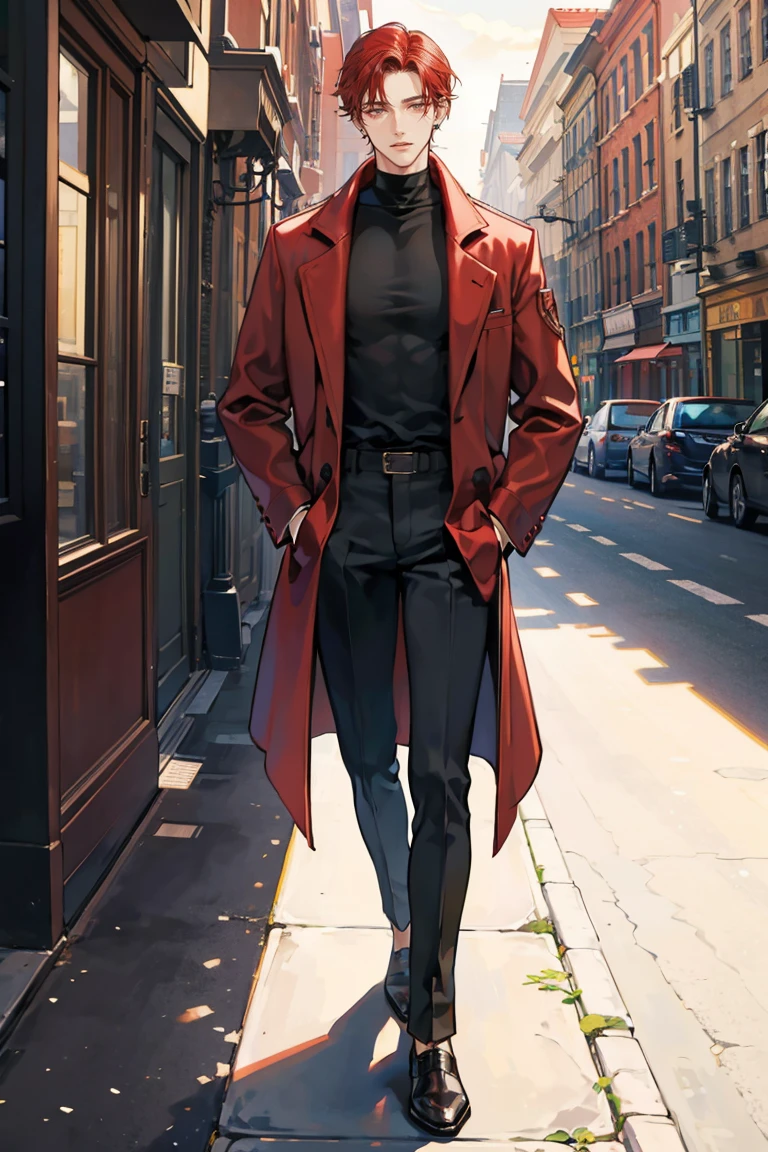 (masterpiece), best quality, seductive eyes, perfect face, handsome man, brown eyes, long slicked back red hair, long nose, tan brown skin, plain black turtleneck, red coat, black fitted pants, extremely tall man, long legs, long calves, full body, tall man, long legs, anime cover, 1boy, ear piercings, hands in pockets, adult-like look, cafe background 

