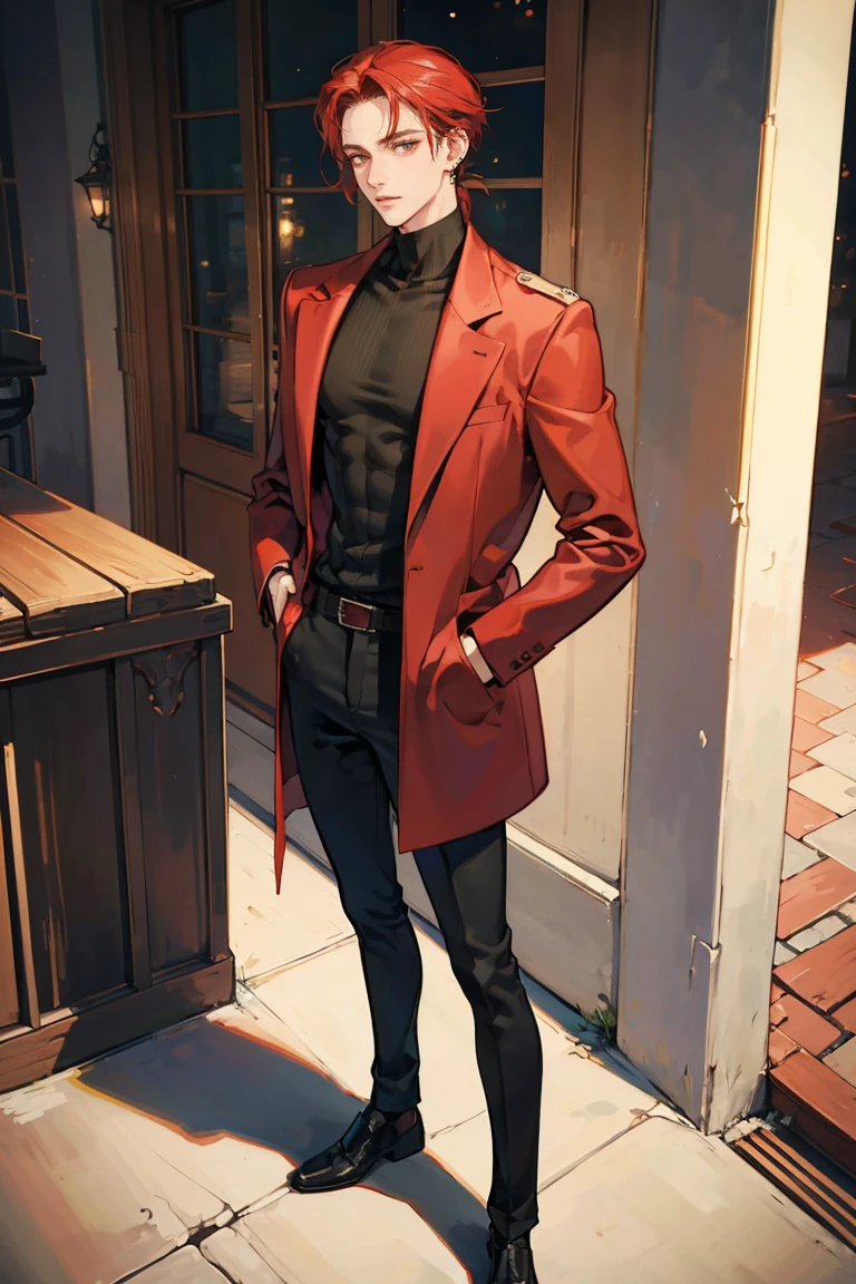 (masterpiece), best quality, seductive eyes, perfect face, handsome man, brown eyes, long slicked back red hair, long nose, tan brown skin, plain black turtleneck, red coat, black fitted pants, extremely tall man, long legs, long calves, full body, tall man, long legs, anime cover, 1boy, ear piercings, hands in pockets, adult-like look, cafe background