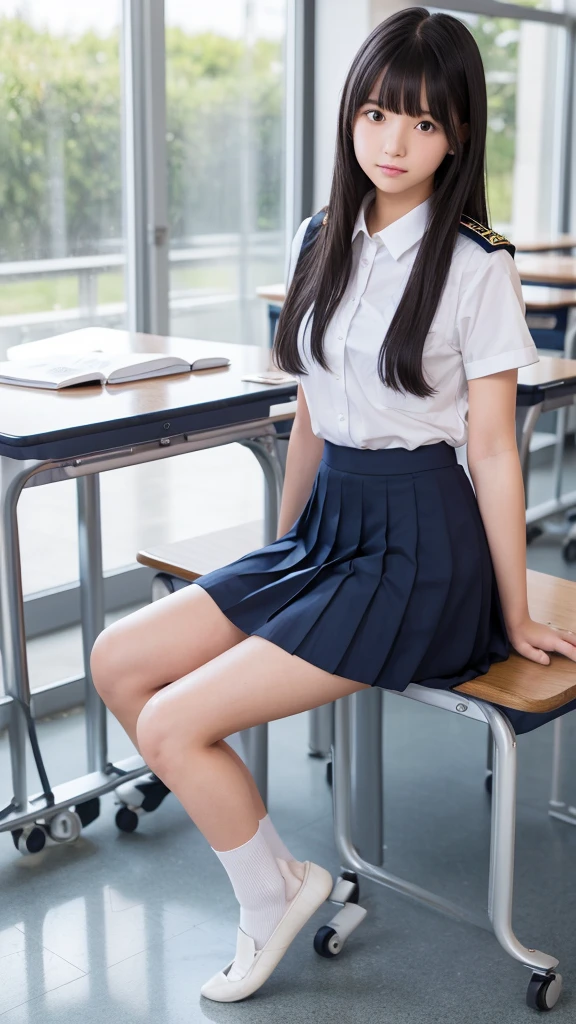 Alone, high school girl, natural figure, white skin, natural makeup, black hair, bangs, straight long hair, ((skirt rolled up)), high , navy blue pleated skirt, please sit, legs open, small size pure white panties, ((upper body is in uniform)), school classroom, looking at camera, white socks, black loafers, full body photo