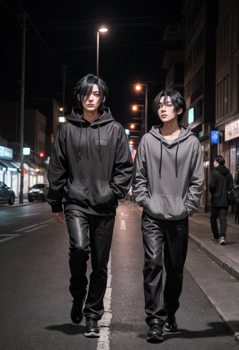 Anime Man, 1 , Bblack hair, hair long black, wear gray hood, Walking on the street, nightlife, lo-fi, Side view of the camera, eyes looking at viewer, full body view