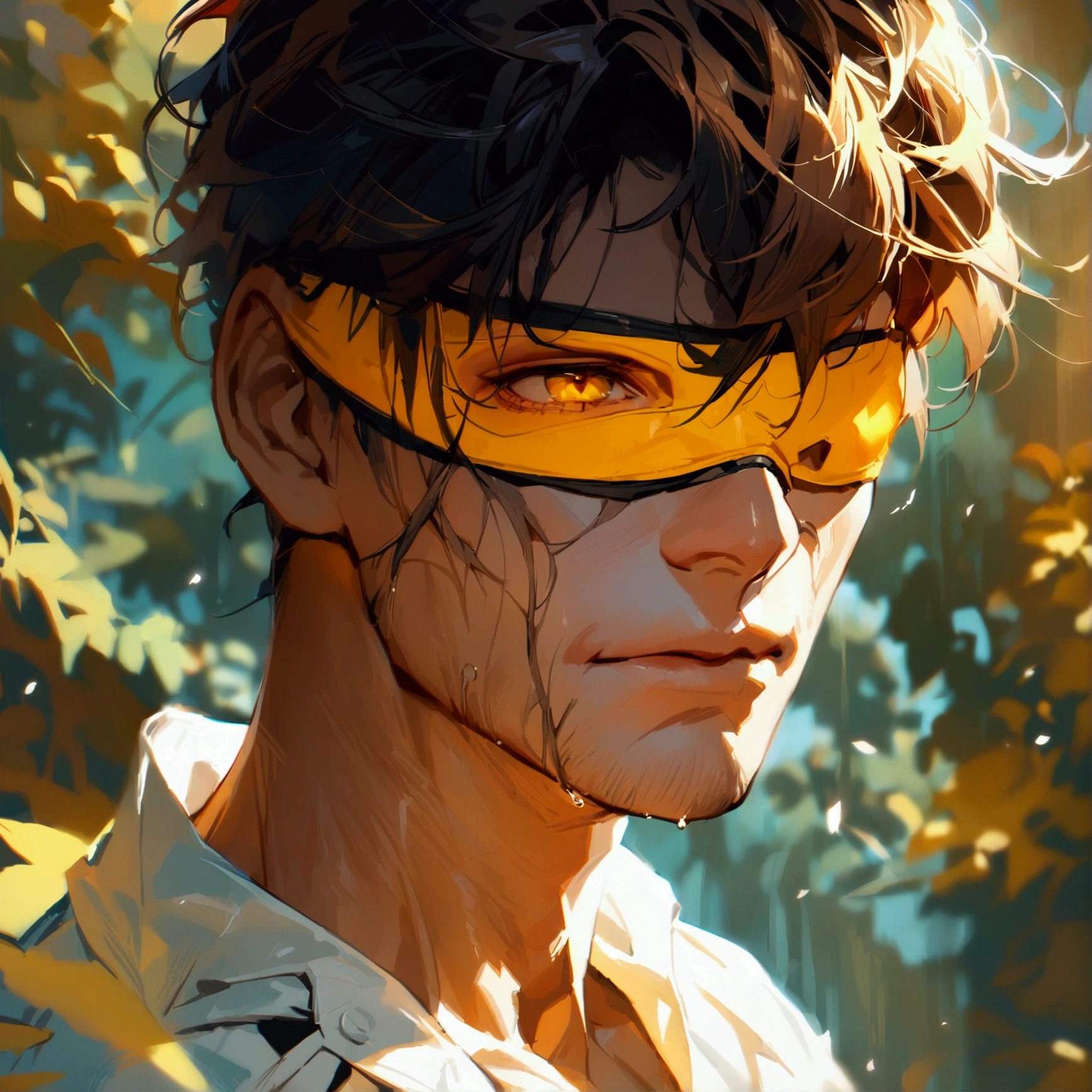 ((masterpiece)), ((best quality)), (from front), (close-up:1.2), (head-shot:1.2), perfect anatomy, 1man, solo, adult man, brown hair, yellow eyes, one eye covered, eyepatch, white shirt, weak smile