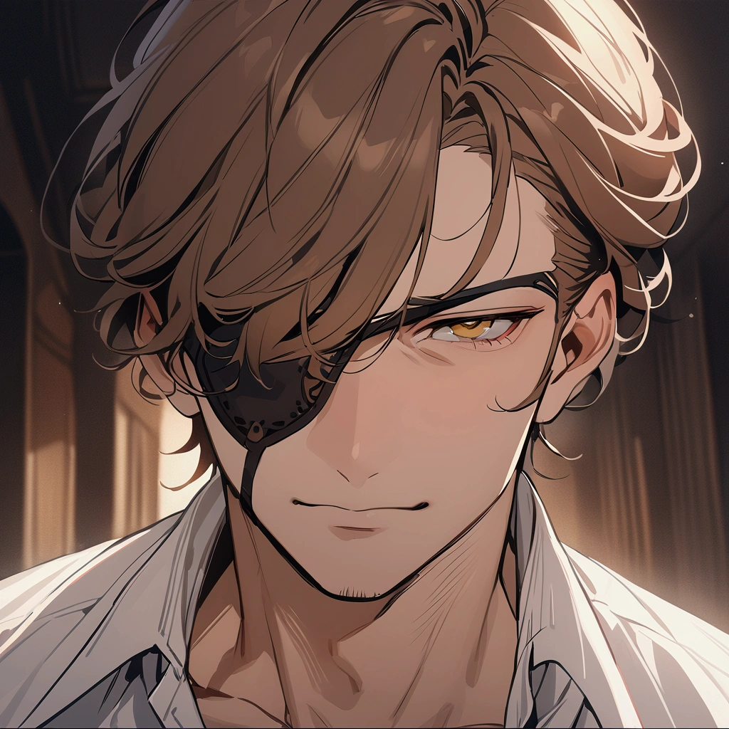 ((masterpiece)), ((best quality)), (from front), (close-up:1.2), (head-shot:1.2), perfect anatomy, 1man, solo, adult man, brown hair, yellow eyes, one eye covered, eyepatch, white shirt, weak smile