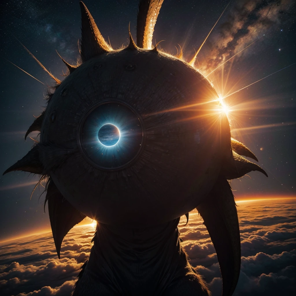 Giant monster on space, staring at the sun