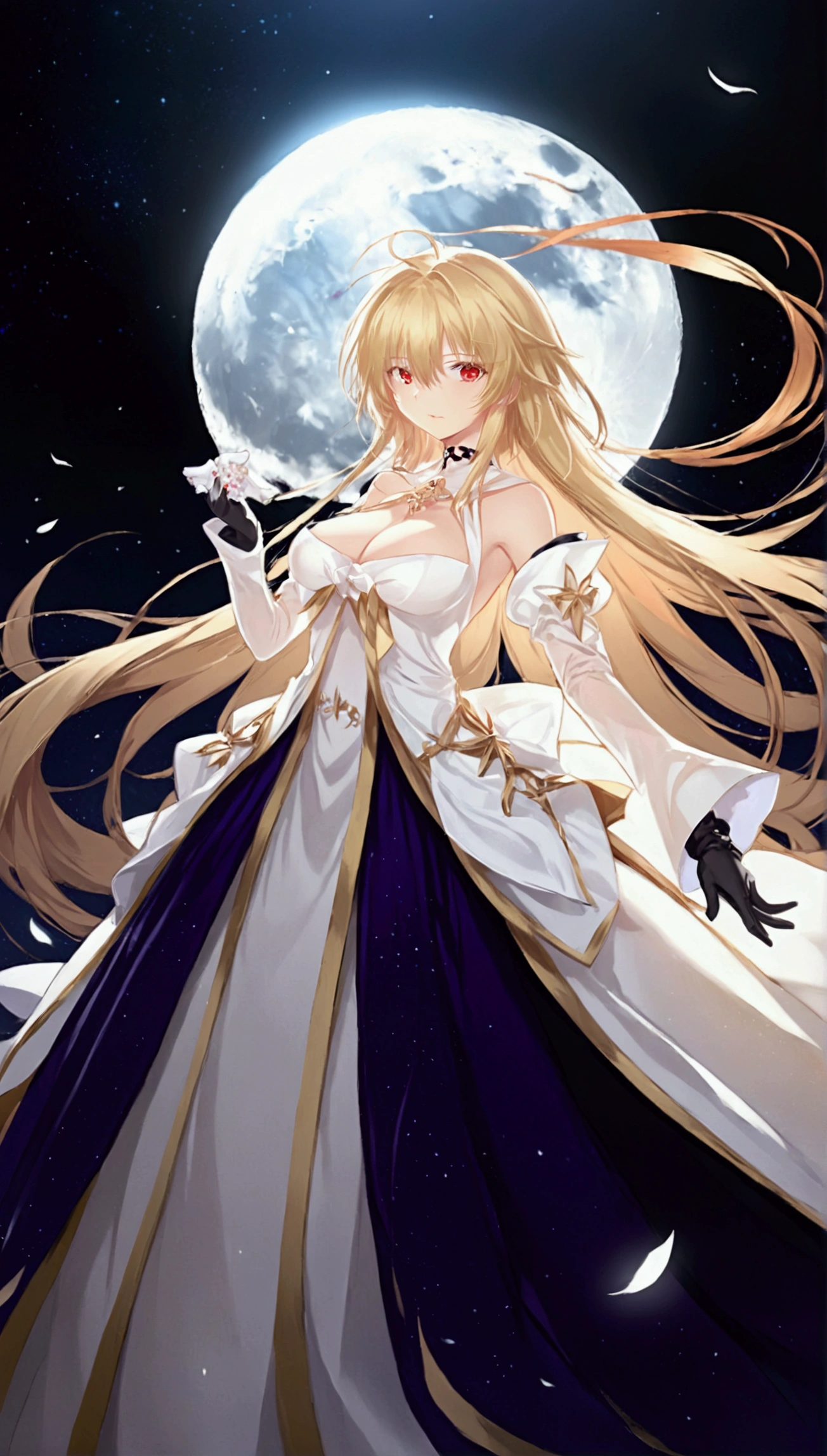 a female anime image with a moon and clouds, with some white on her, 1girl, arcueid brunestud, long hair, blonde hair, breasts, solo, red eyes, moon, dress, gloves, very long hair, full moon, white dress, white gloves, looking at viewer, large breasts, bare shoulders, bangs, detached sleeves, long skirt, arcueid