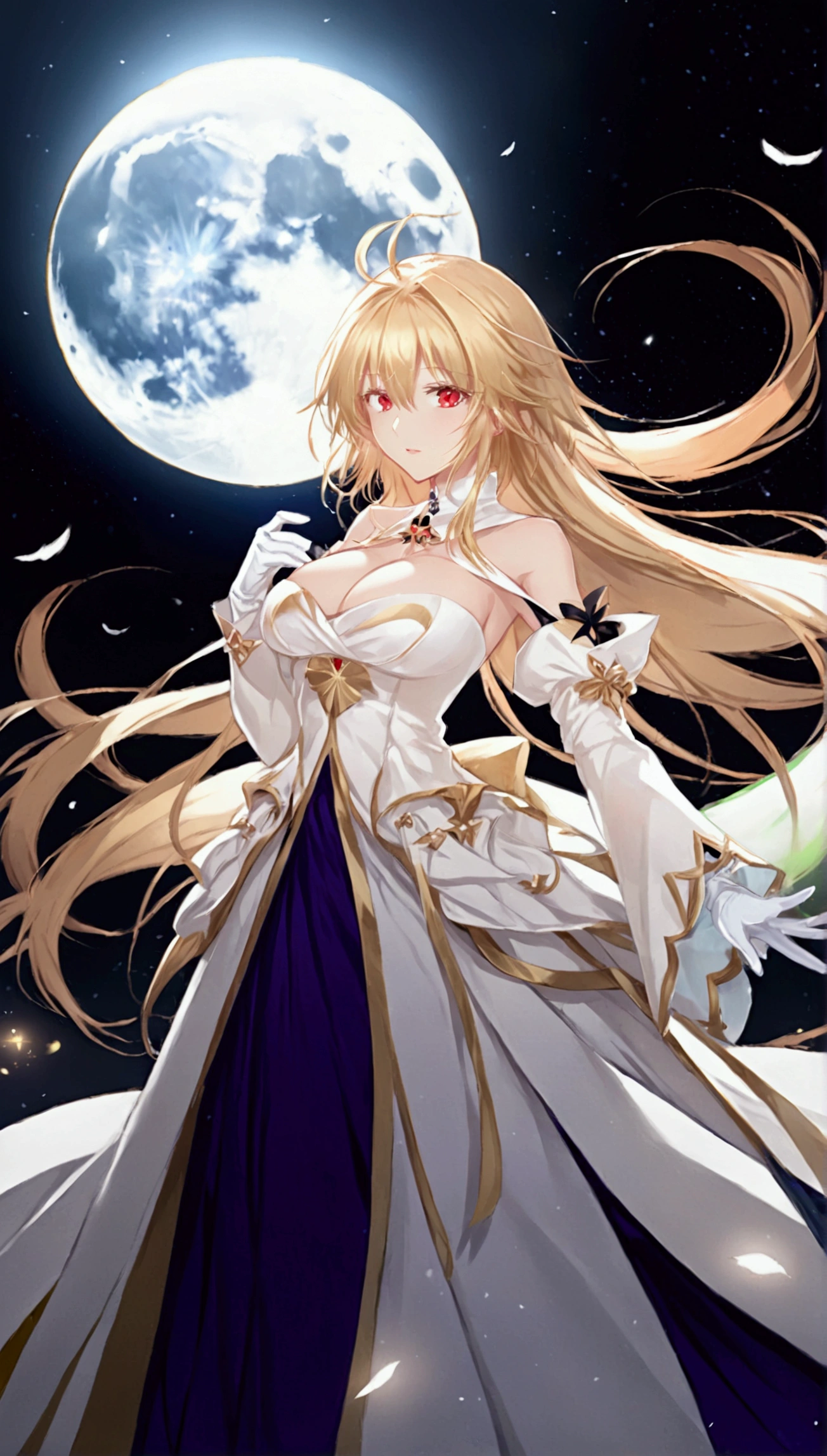 a female anime image with a moon and clouds, with some white on her, 1girl, arcueid brunestud, long hair, blonde hair, breasts, solo, red eyes, moon, dress, gloves, very long hair, full moon, white dress, white gloves, looking at viewer, large breasts, bare shoulders, bangs, detached sleeves, long skirt, arcueid