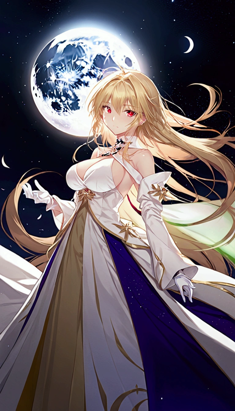 a female anime image with a moon and clouds, with some white on her, 1girl, arcueid brunestud, long hair, blonde hair, breasts, solo, red eyes, moon, dress, gloves, very long hair, full moon, white dress, white gloves, looking at viewer, large breasts, bare shoulders, bangs, detached sleeves, long skirt, arcueid