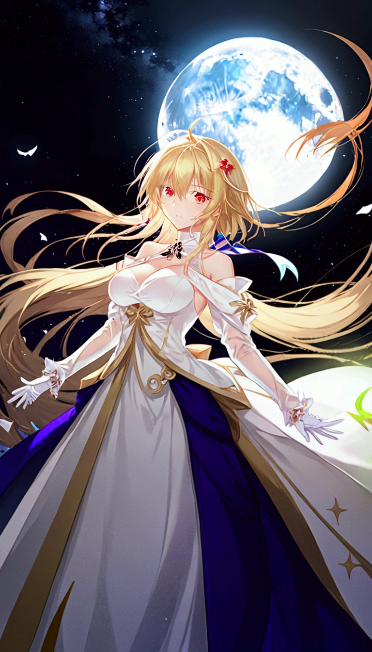 a female anime image with a moon and clouds, with some white on her, 1girl, arcueid brunestud, long hair, blonde hair, breasts, solo, red eyes, moon, dress, gloves, very long hair, full moon, white dress, white gloves, looking at viewer, large breasts, bare shoulders, bangs, detached sleeves, long skirt, arcueid