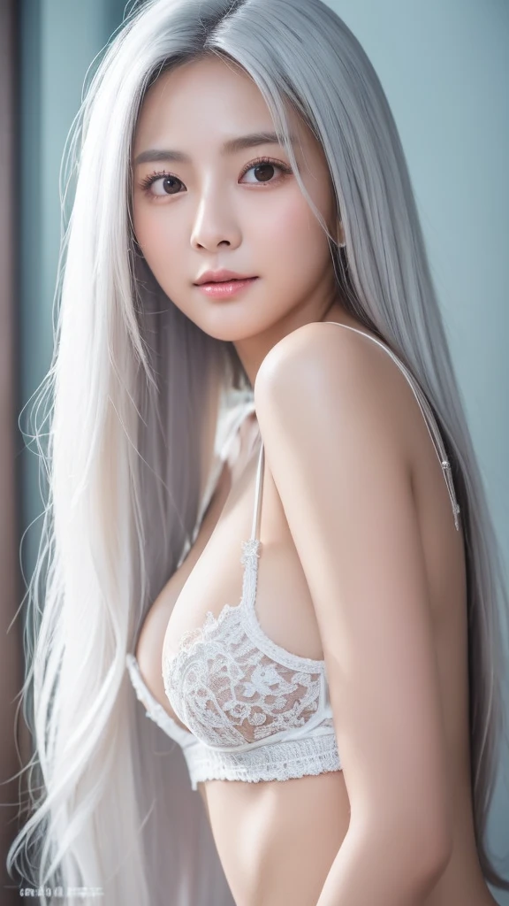 TWICE tzuyu, Korean beauty, silvery white hair, long hair, small face, fair skin, narrow eyes, slanted eyes, slender, big breasts, sex appeal, lustrous, mature