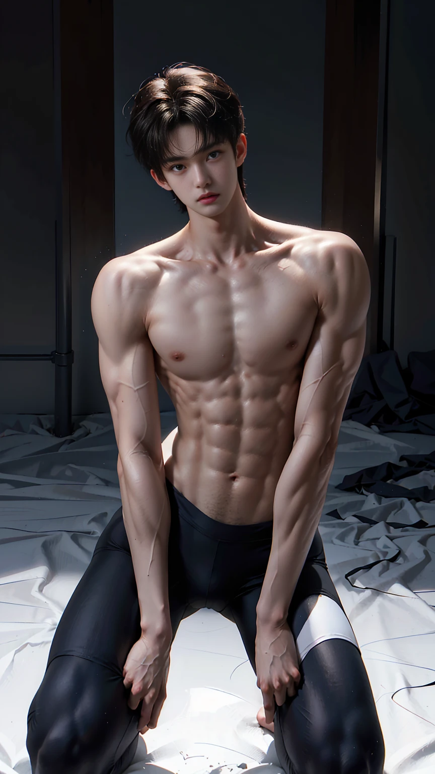 masterpiece,best quality,Look up at the characters，Front view，Stay away from the camera， (An 18-year-old boy with extraordinary development:1.2), Super tall body，（Tall and fit body），Strong limbs，(Kneeling on the beach),Black and white tight-fitting cycling suit,Broad and straight shoulders,Muscular shoulders，（Extremely strong body），Muscular body，Fitness，Perfect body proportions，Inverted triangle figure，Biceps，Highlight muscle texture， Muscular body，Slender and toned legs，Small head，Handsome and cute face，Perfectly detailed facial features,Looking at the camera，A serious and angry expression，leaning back,head tilt, happy, very short hair, brown hair,(looking at viewer:1.2)