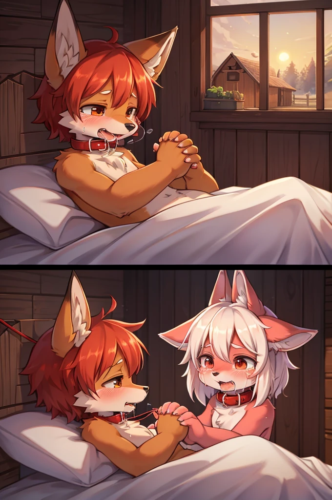 Dog boy and fox girl, 4K quality,High resolution,      Holding hands,Drooling,　　　　　　             Wearing a red collar,Feelings of love,Cute face,    Doghouse life crying in bed, Collar Lead