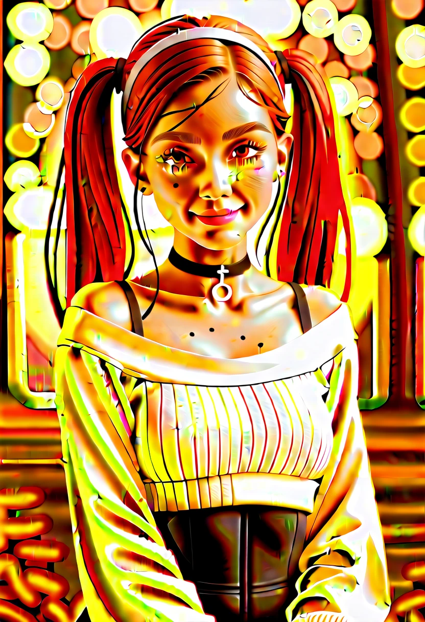 masterpiece, best quality, highly detailed, 1girl, solo, twintails, off-shoulder sweater, cherry red hair. choker, jacket, hairband, looking at viewer, smile, blush, Wide Smile, Eyes Detailed & Wide, sexy Pose. CHOCOLATE COMPLEXION, Ultra HD, Rococo-Inspired Fantasy Art With Intricate Details. Cute, Charming Expression, Alluring-Gaze, looking at viewer Beautiful Eyes, An-Ideal-Figure. Large Youthful Well-Shaped-Breasts, Massive-Round-Bosom, Décolletage. slim waist, fit body, full lipsWarm lights , woman in a dreamy forest at night, with fluffy hair, delicate face, realistic, real, slim, large aperture, sexy shots, attractive poses,Stunnin gly beautiful merge of Priyanka Chopra, symmetrical face, photorealistic, photography, path tracing, specular lighting, volumetric face light, path traced hairmaximum quality{(masutepiece) (8K High Resolution) (top-quality) In the style of breath of the wild.