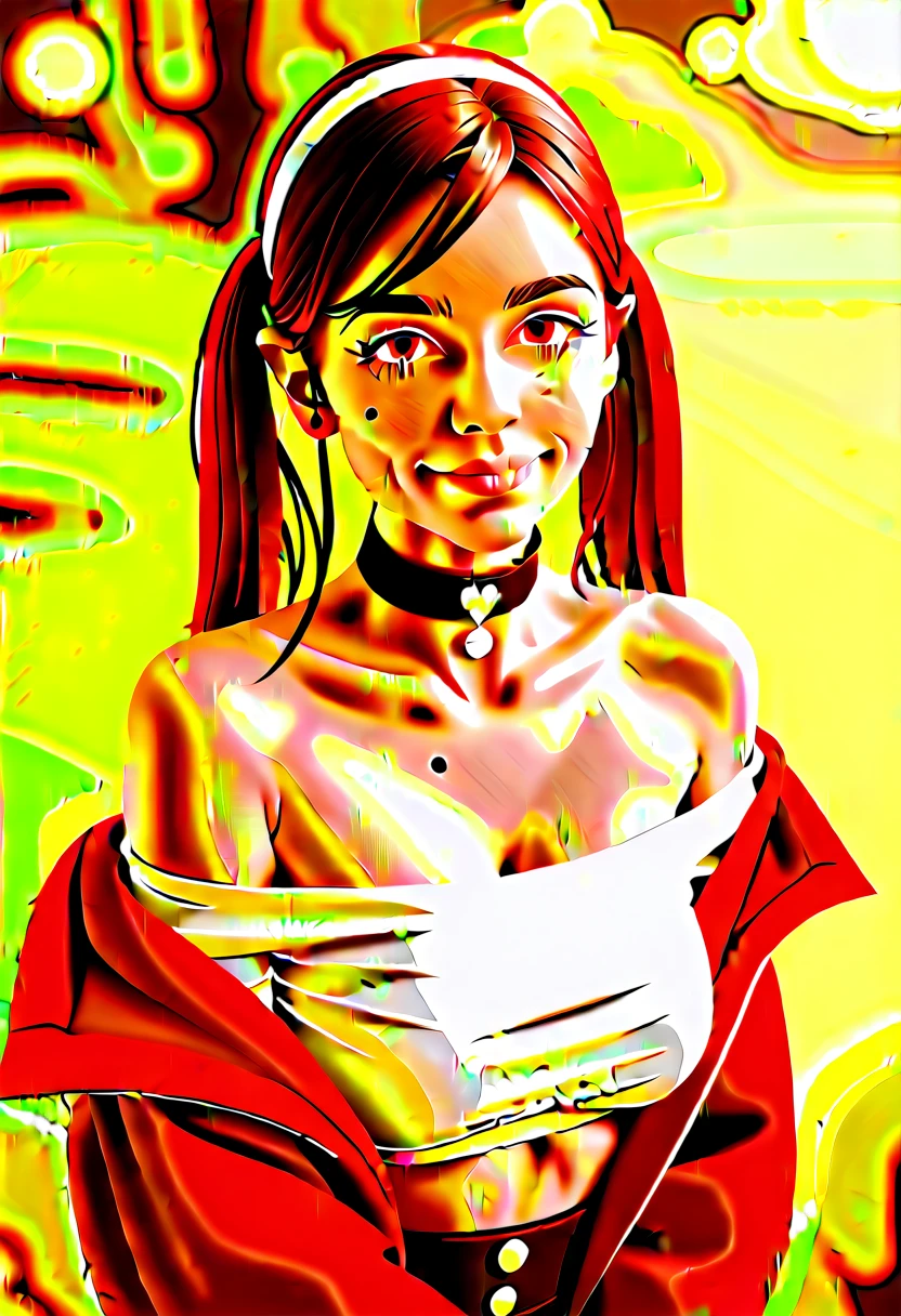 masterpiece, best quality, highly detailed, 1girl, solo, twintails, off-shoulder sweater, cherry red hair. choker, jacket, hairband, looking at viewer, smile, blush, Wide Smile, Eyes Detailed & Wide, sexy Pose. CHOCOLATE COMPLEXION, Ultra HD, Rococo-Inspired Fantasy Art With Intricate Details. Cute, Charming Expression, Alluring-Gaze, looking at viewer Beautiful Eyes, An-Ideal-Figure. Large Youthful Well-Shaped-Breasts, Massive-Round-Bosom, Décolletage. slim waist, fit body, full lipsWarm lights , woman in a dreamy forest at night, with fluffy hair, delicate face, realistic, real, slim, large aperture, sexy shots, attractive poses,Stunnin gly beautiful merge of Priyanka Chopra, symmetrical face, photorealistic, photography, path tracing, specular lighting, volumetric face light, path traced hairmaximum quality{(masutepiece) (8K High Resolution) (top-quality) In the style of breath of the wild.