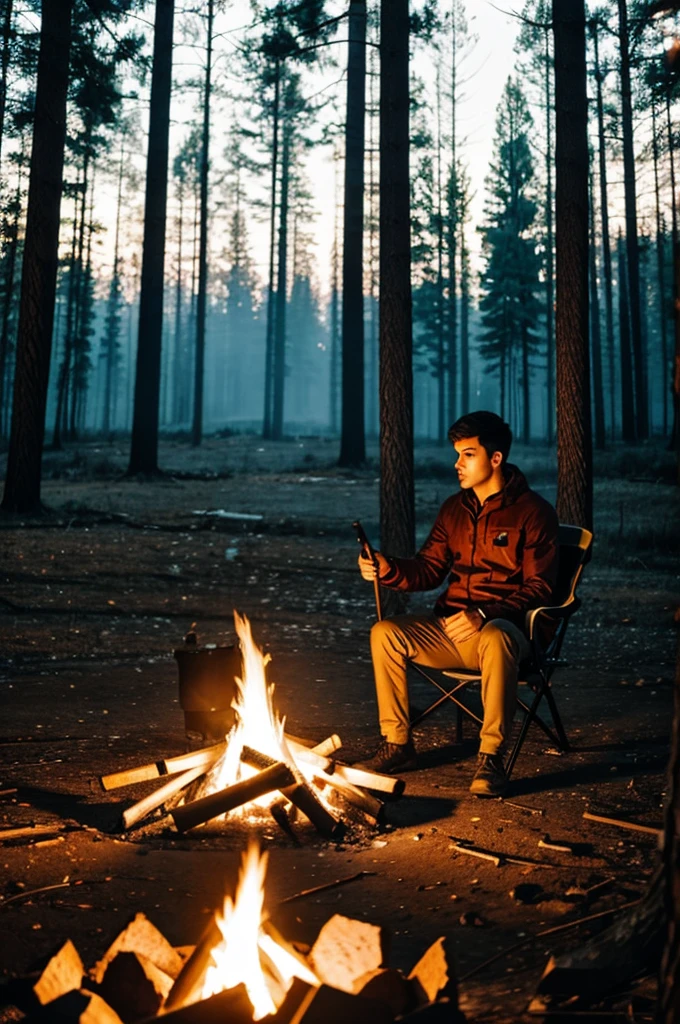 Alone by the campfire without friends