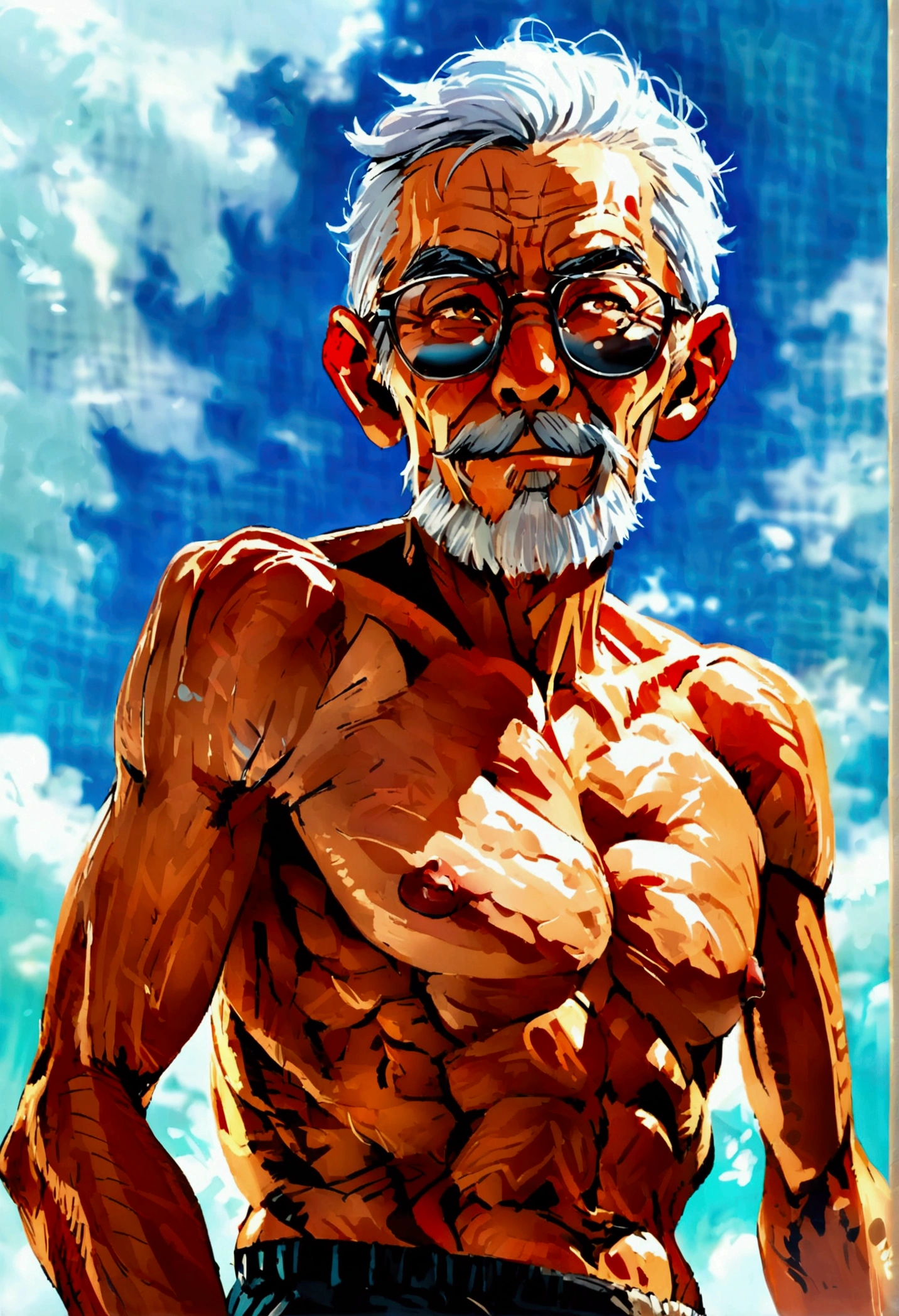 muscular physique、Old man、Shorts、erection、smile