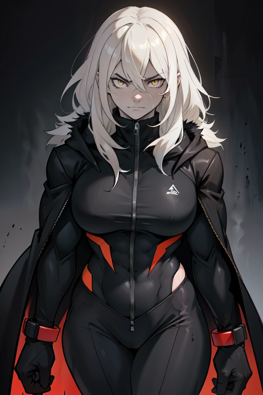 (pale skin girl) (1girl muscular grey background bodybuilder) toned body huge breasts (thin waist) black hair yellow eyes straight hair sweaty hair between eyes (black fur trim coat) frowning black suit dark atmosphere