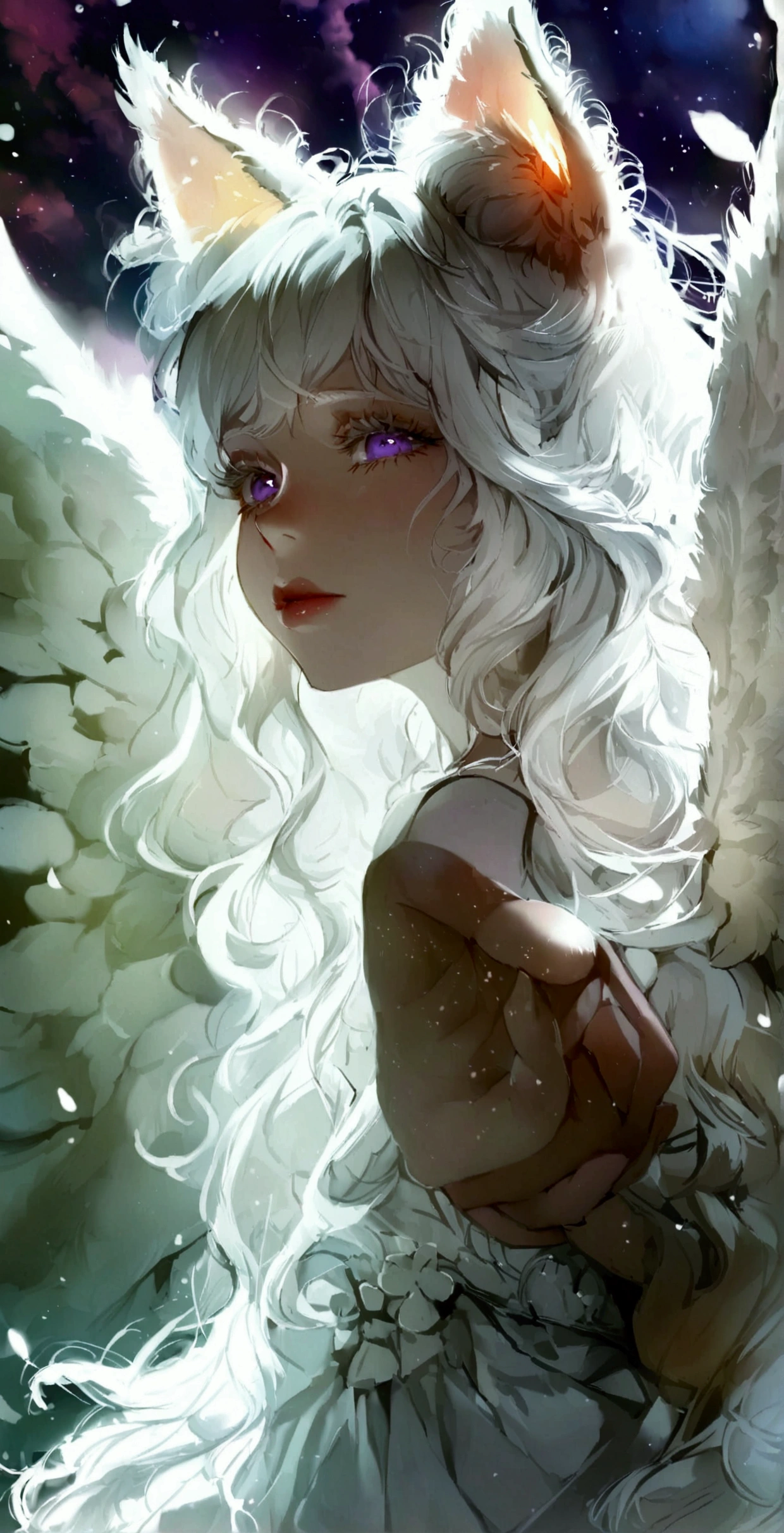 beauty,Long Wavy Hair,White hair is very attractive, Detailed and precise manual work, Attractive girl, White cat ears,Purple eyes and white eyelashes,light in your eyes,Big angel wings,Arms stretched out,delicate, A fluffy white dress like a cloud, Hand-drawn illustration,Broad background,