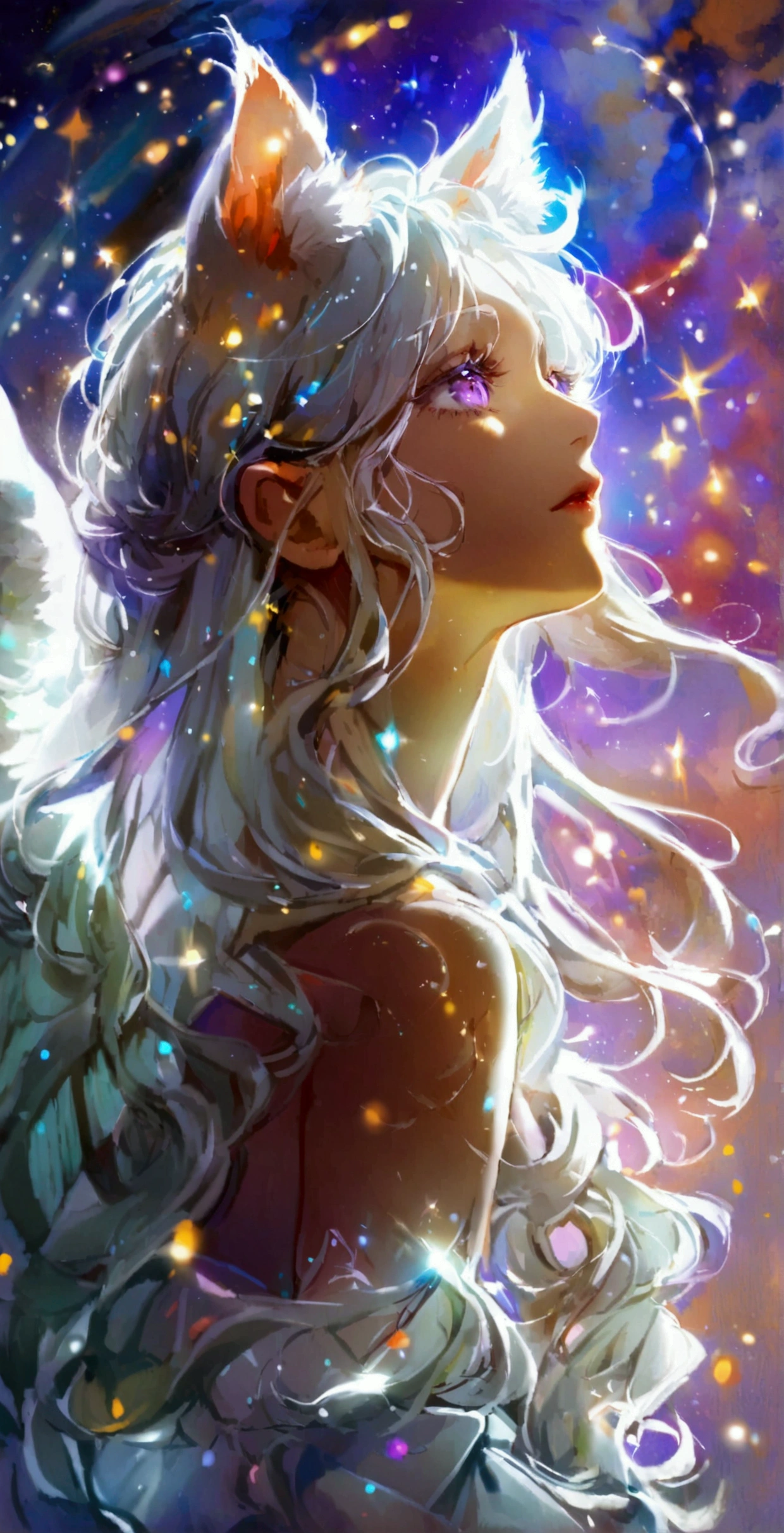 beauty,Long Wavy Hair,White hair is very attractive, Detailed and precise manual work, Attractive girl, White cat ears,Purple eyes and white eyelashes,light in your eyes,Big angel wings,Arms stretched out,delicate, A fluffy white dress like a cloud, Hand-drawn illustration,Broad background,