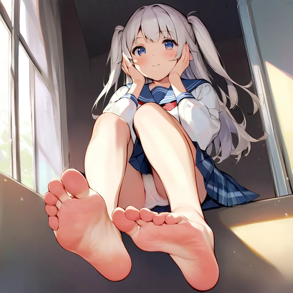 score_10, score_9_up, score_8_up, score_7_up, score_6_up, (source_anime, source_kawaii):1.3, 1girl, cute, (front_view):1.3, white hair:long hair:two side up, from below, feet, soles, pleated skirt, blue plaid skirt, white serafuku, white panties, lace trimmed panties, sitting down, hands on face, looking at viewer,