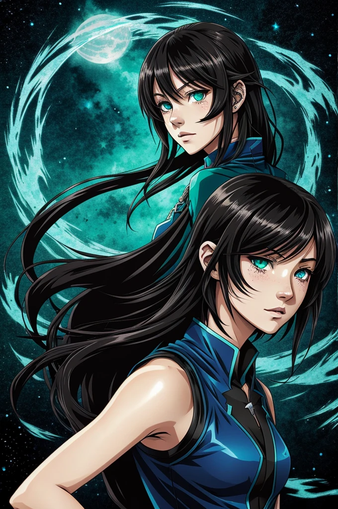 Demon slayers anime drawing style, Female gender, brunette with freckles, short wavy hair black ink and blue color, water green eyes, blue haori with star prints
