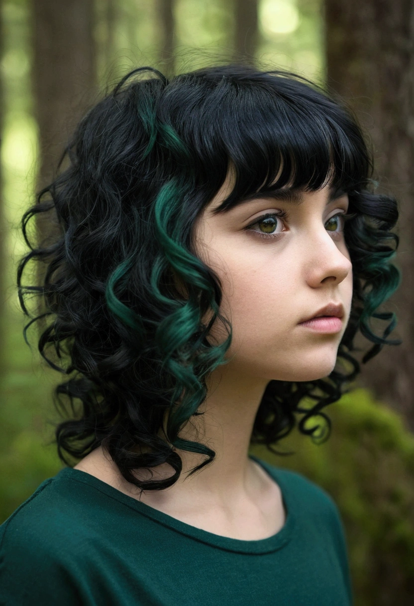 Dark eyed girl, curly black hair, shaggy hair curto. Half of the left side of the fringe dyed forest green. loose curls, stripped, hipsters, moderno, authentic.