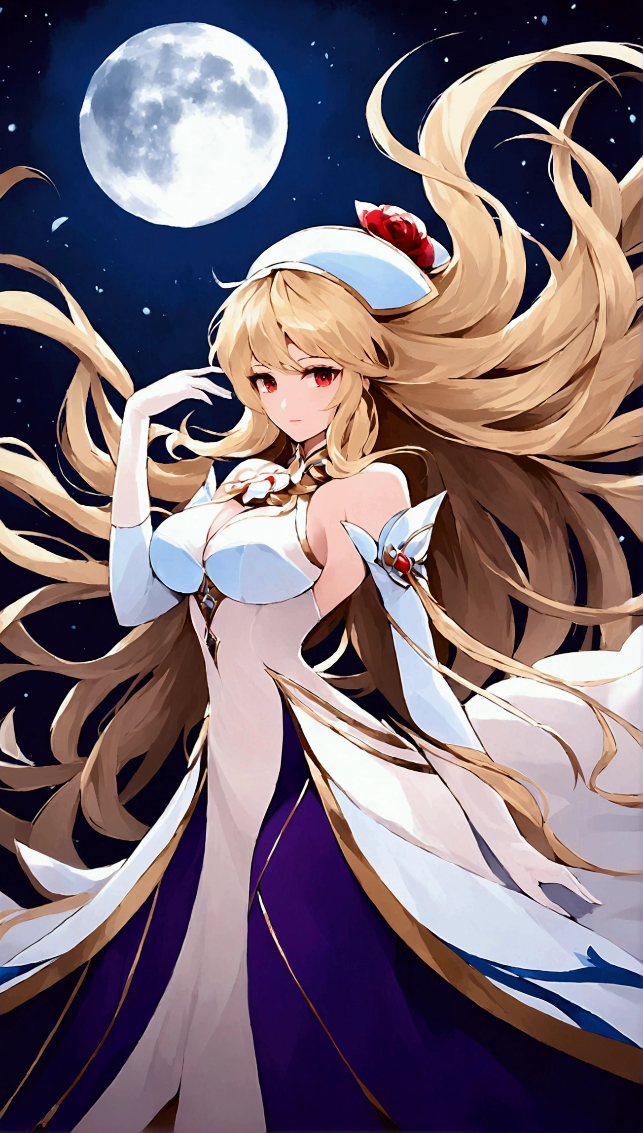 a girl with long flowing blonde hair wearing a white dress with blue trim, and looking upwards at the night sky, 1girl, arcueid brunestud, long hair, blonde hair, breasts, solo, red eyes, moon, dress, gloves, very long hair, full moon, white dress, white gloves, looking at viewer, large breasts, bare shoulders, bangs, detached sleeves, long skirt, arcueid