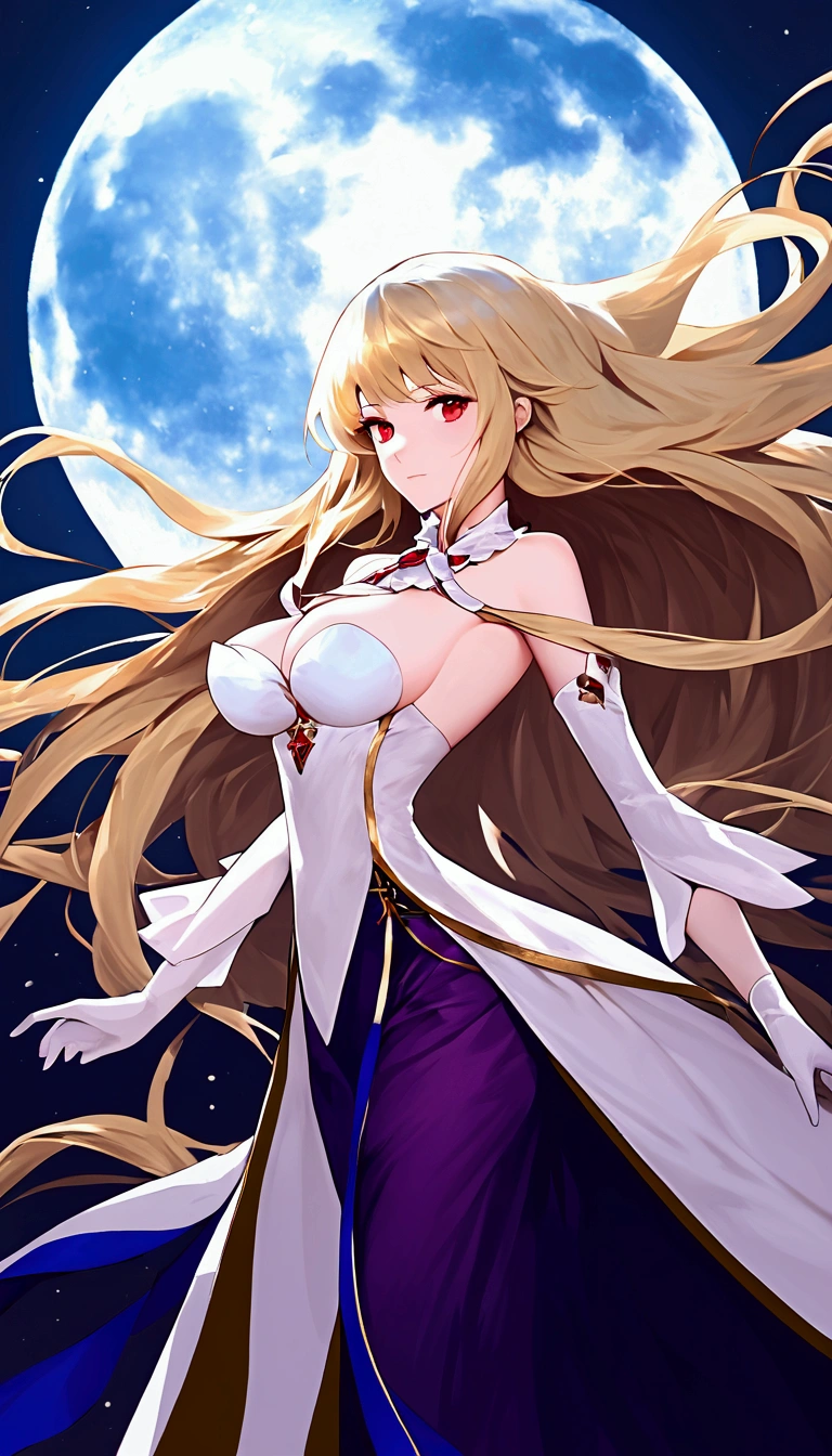 a girl with long flowing blonde hair wearing a white dress with blue trim, and looking upwards at the night sky, 1girl, arcueid brunestud, long hair, blonde hair, breasts, solo, red eyes, moon, dress, gloves, very long hair, full moon, white dress, white gloves, looking at viewer, large breasts, bare shoulders, bangs, detached sleeves, long skirt, arcueid