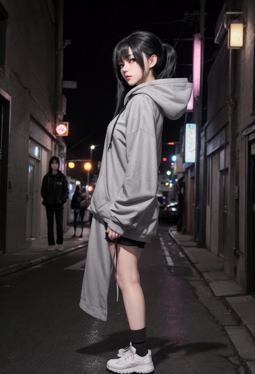 anime woman, 1 , Bblack hair, hair long black, wear gray hood, Walking on the street, nightlife, lo-fi, Side view of the camera, eyes looking at viewer, full body view