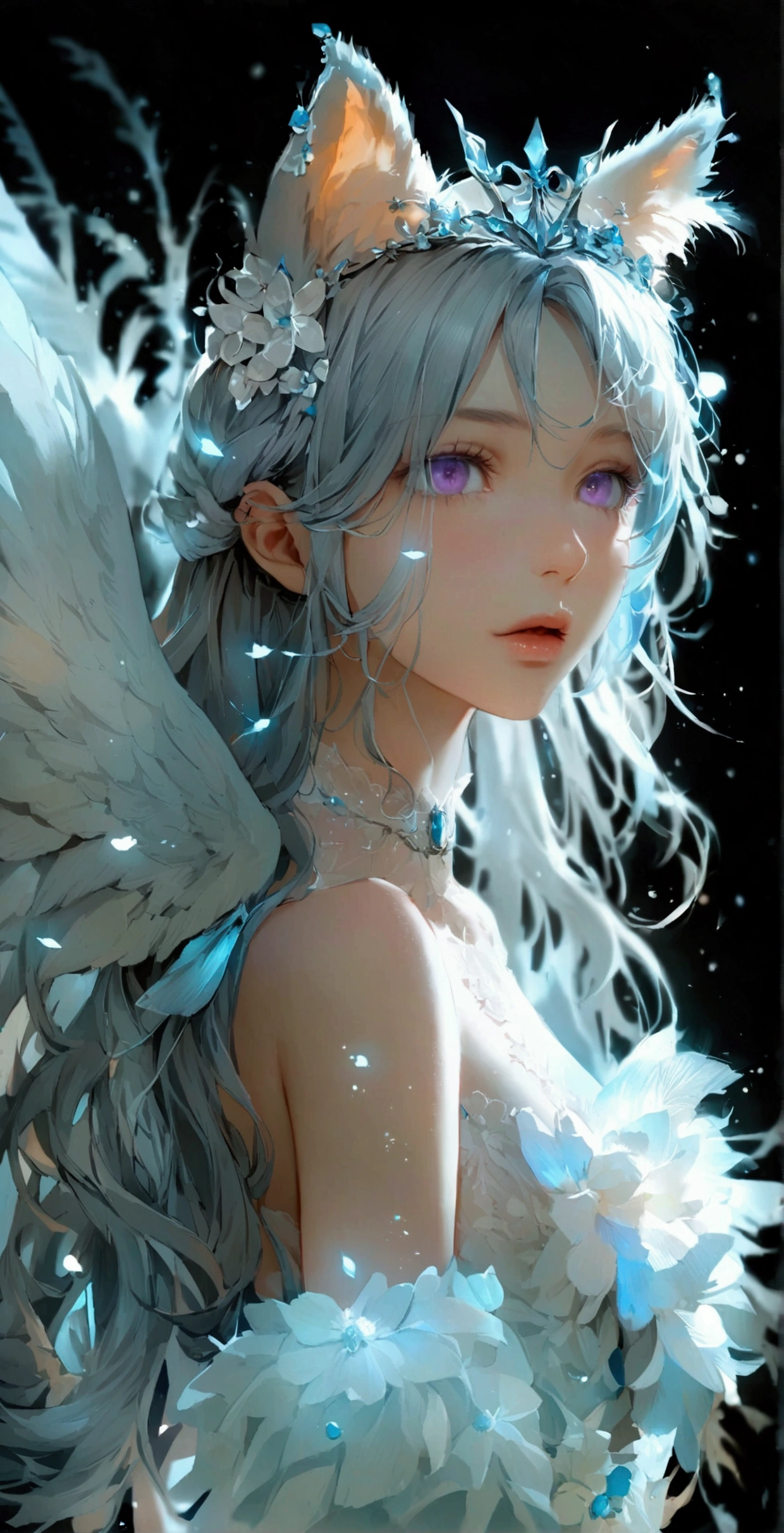 beauty,Long Wavy Hair,Gray Hairはとても魅力的です, Detailed and precise manual work, Attractive girl, 白いCat耳,Purple eyes and white eyelashes,light in your eyes,Big angel wings,Arms outstretched,delicate, A fluffy white dress like a cloud, Hand-drawn illustration,Broad background,cute、、Young girl、12Year、flight、Your eyes are bright and beautiful、whole body、Gray Hair、白いCat耳、Cat'tail、beautiful青い目、white crown、Also々funny Face、beautiful、Black Moon、Lots of blue light、universe、Fantasy,Lots of light、gem、magic、AmbiLight,The colors are vibrant and bright,Black background,mist,Detailed Description,Rich details,An explosion of imagination,Surreal,Ultra-realistic,masterpiece,8K,Light,Tyndall effect