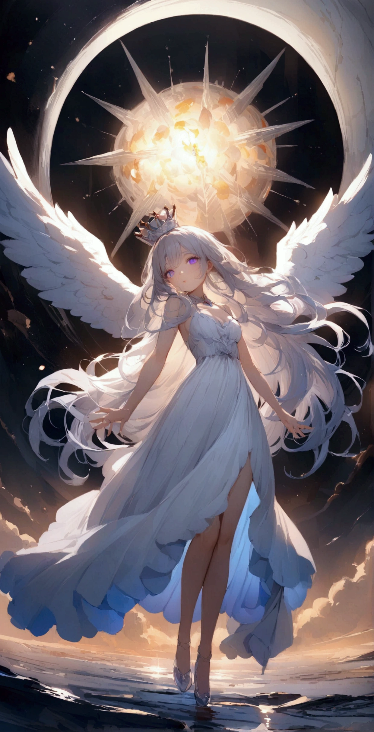 beauty,Long Wavy Hair,Gray Hairはとても魅力的です, Detailed and precise manual work, Attractive girl, 白いCat耳,Purple eyes and white eyelashes,light in your eyes,Big angel wings,Arms outstretched,delicate, A fluffy white dress like a cloud, Hand-drawn illustration,Broad background,cute、、Young girl、１２Year、flight、Your eyes are bright and beautiful、whole body、Gray Hair、白いCat耳、Cat&#39;tail、beautiful青い目、white crown、Also々funny Face、beautiful、Black Moon、Lots of blue light、universe、Fantasy，Lots of light、gem、magic、AmbiLight，The colors are vibrant and bright，Black background，mist，Detailed Description，Rich details，An explosion of imagination，Surreal，Ultra-realistic，masterpiece，8K，Light，Tyndall effect