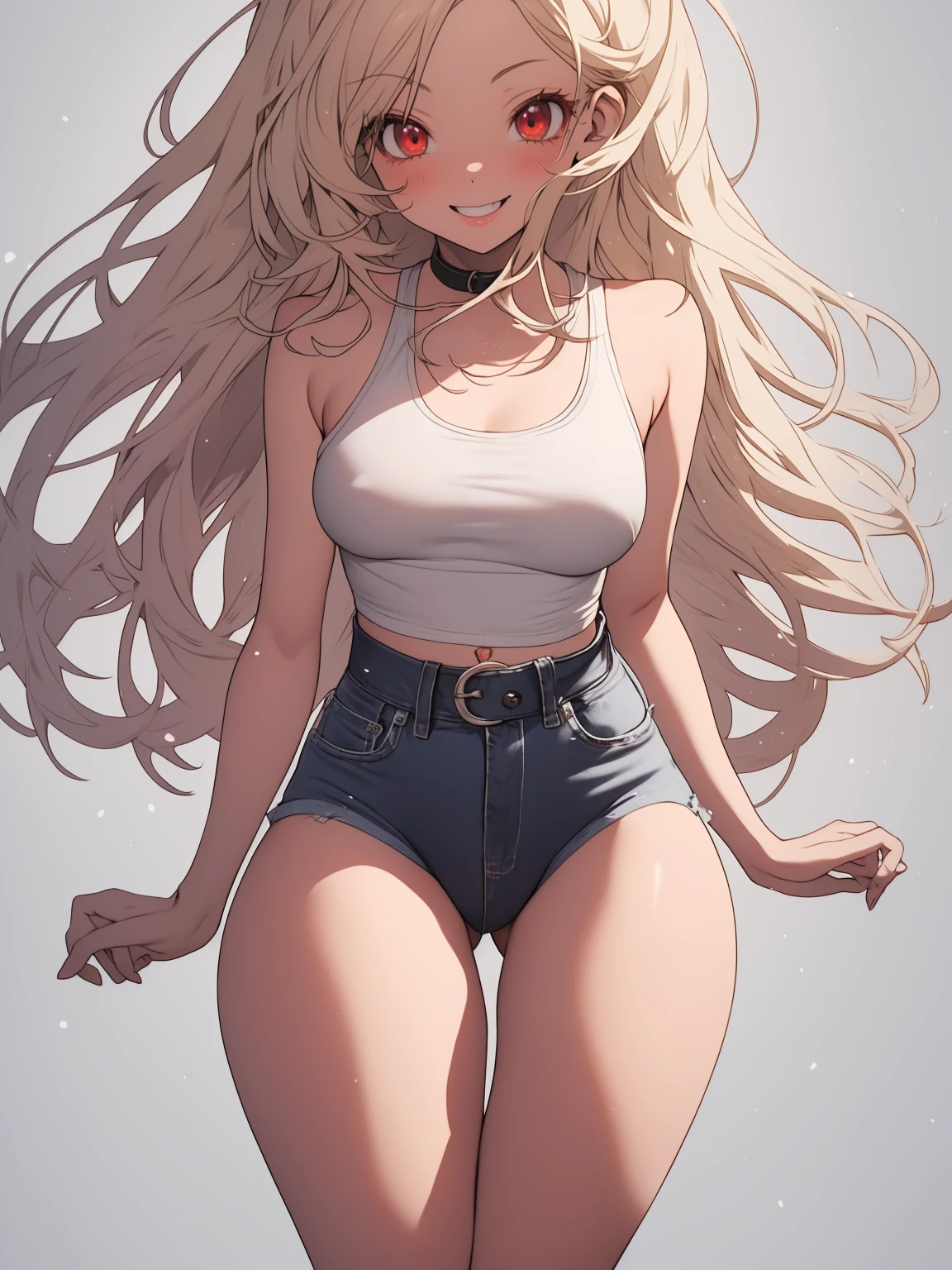 Anime, anime girl, 2d, y, 16((black belt)), (((full body))), Very Kawaii, smile, lip lips, seductive smile, Solo, Slim, Large Breasts, Plain White T-shirt, Very Tight Shorts, upshorts, denim shorts, Dynamic Angle, No Background, White Background, looking at viewer, darker shadows, (((absurdres))), (((thigh gap))), (((cameltoe))), (((sleeveless))),