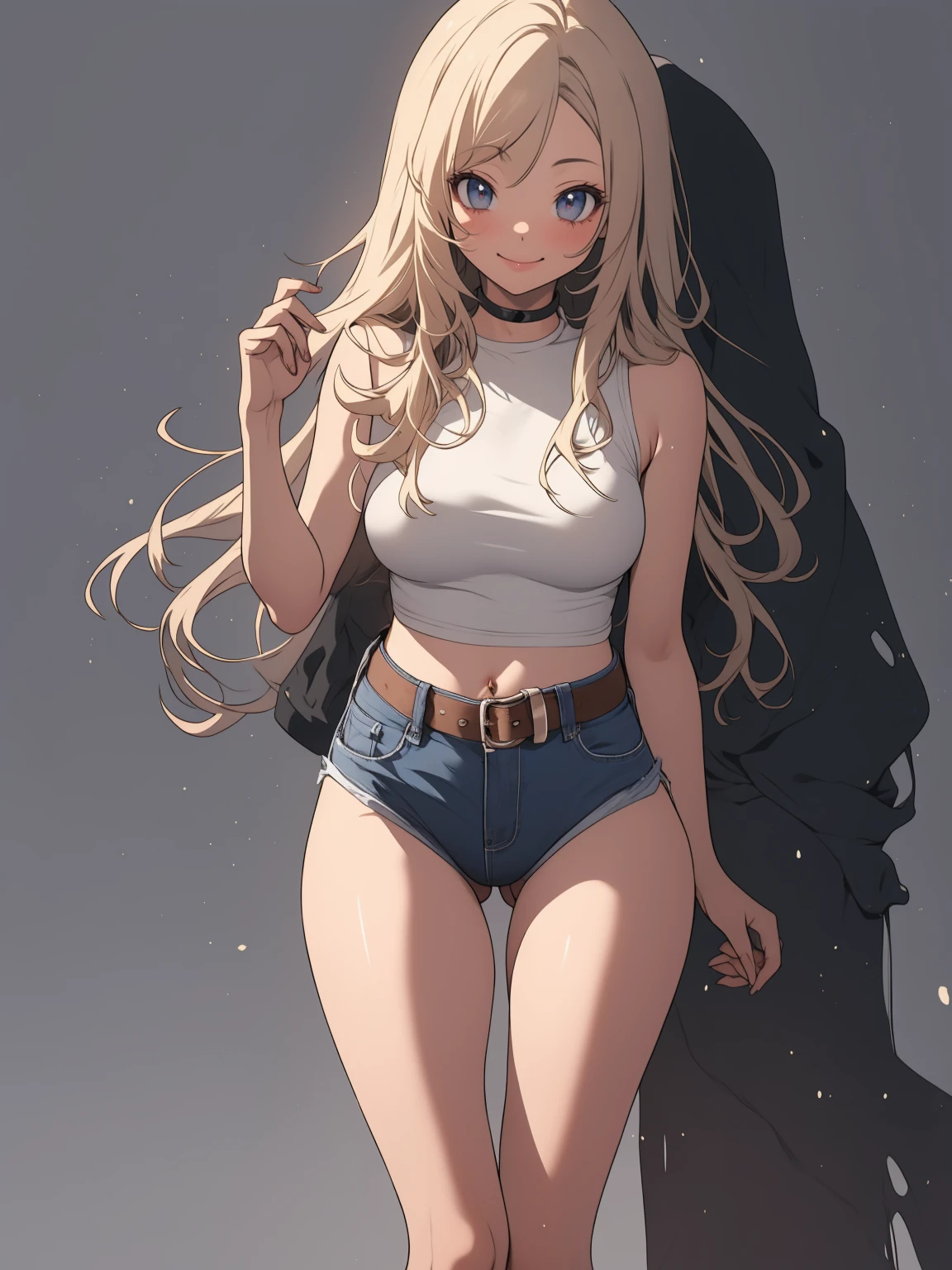 Anime, anime girl, 2d, 16y, 16 years, ((black belt)), (((full body))), Very Kawaii, smile, lip lips, seductive smile, Solo, Slim, Large Breasts, Plain White T-shirt, Very Tight Shorts, upshorts, denim shorts, Dynamic Angle, No Background, White Background, looking at viewer, darker shadows, (((absurdres))), (((thigh gap))), (((cameltoe))), (((sleeveless))),