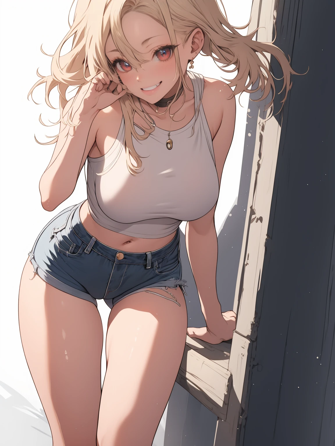 Anime, anime girl, 2d, 16y, 16 years, ((black belt)), (((full body))), Very Kawaii, smile, lip lips, seductive smile, Solo, Slim, Large Breasts, Plain White T-shirt, Very Tight Shorts, upshorts, denim shorts, Dynamic Angle, No Background, White Background, looking at viewer, darker shadows, (((absurdres))), (((thigh gap))), (((cameltoe))), (((sleeveless))),