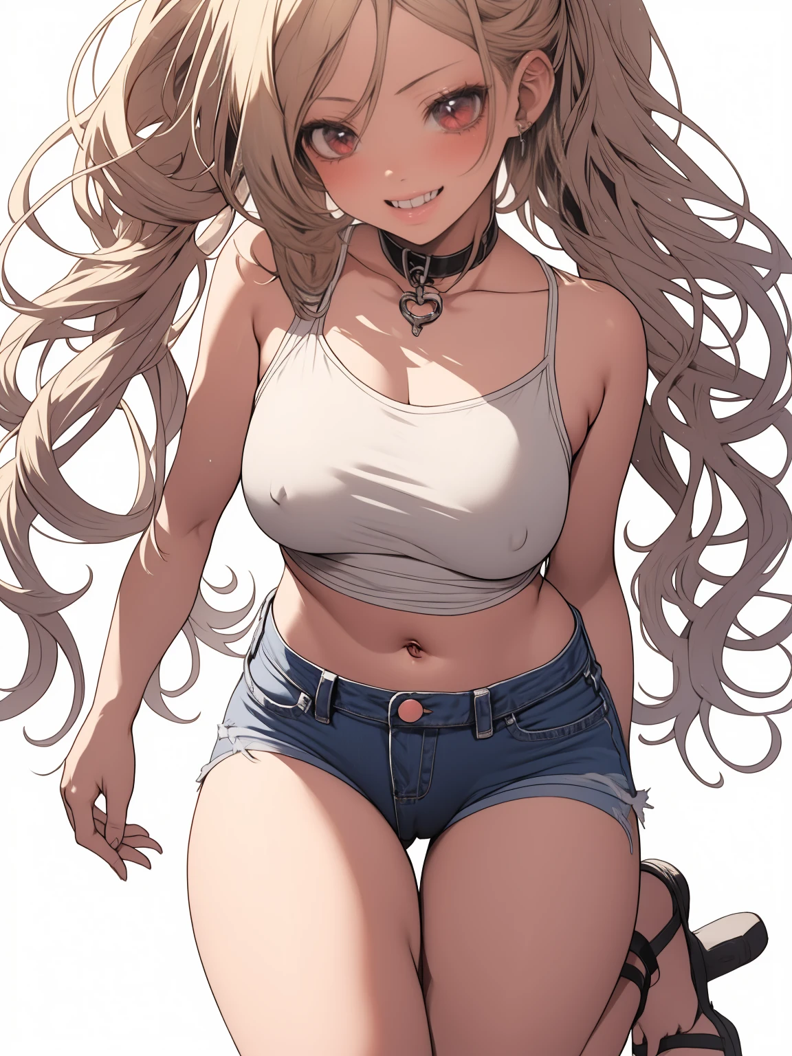 Anime, anime girl, 2d, y, 16((black belt)), (((full body))), Very Kawaii, smile, lip lips, seductive smile, Solo, Slim, Large Breasts, Plain White T-shirt, Very Tight Shorts, upshorts, denim shorts, Dynamic Angle, No Background, White Background, looking at viewer, darker shadows, (((absurdres))), (((thigh gap))), (((cameltoe))), (((sleeveless))),