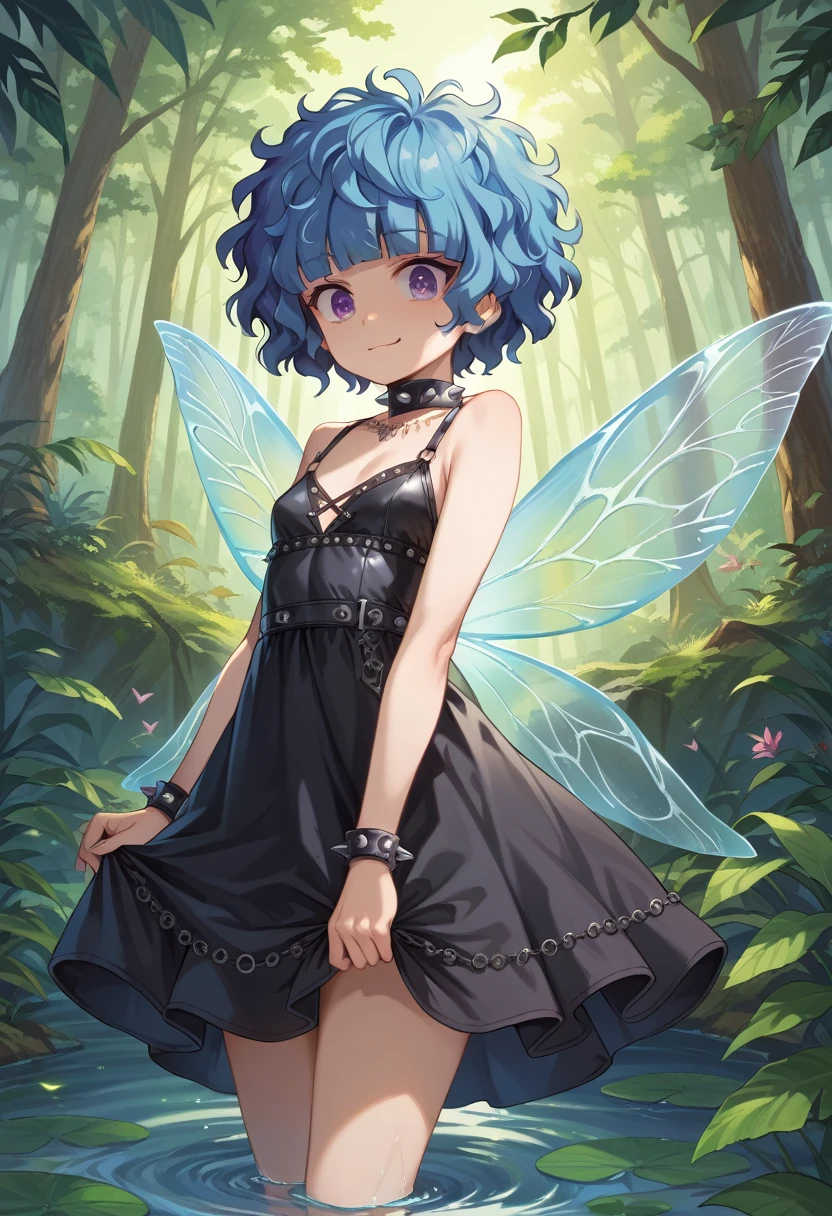 score_9, score_8_up, score_7_up, best quality, masterpiece, 4k, uncensored, prefect lighting, rating_explicit, very aesthetic, source_anime,
1girl,(black dress:1.4),(shaggy hair:1.5),((leather accents)),((spiked jewelry)),skirt,lingerie,((fairy wings)),blue hair,short hair,blunt bangs,ultra-detailed face,beautiful detailed eyes,((wide-eyed)),violet eyes,small breasts,(cute eyes:1.4),smug expression,solo,
cowboy shot,
woods,water,