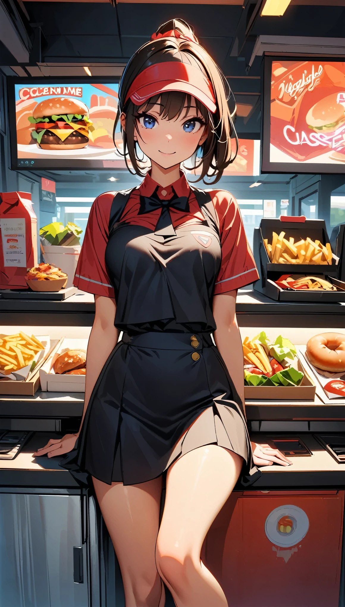 (Highest quality:1.2, Very detailed, up to date, Vibrant, Ultra-high resolution, High Contrast, masterpiece:1.2, Highest quality, Best aesthetics), 1 female, Female fast food store clerk, Red Shirt, Red visor, Black Mini Skirt, Hamburger Shop Uniform, Displayed Items, Bright interior, Female clerk at the counter, Pleasant background music, Cleanly swept floor, Tasty burger and fries, Items around the cash register,