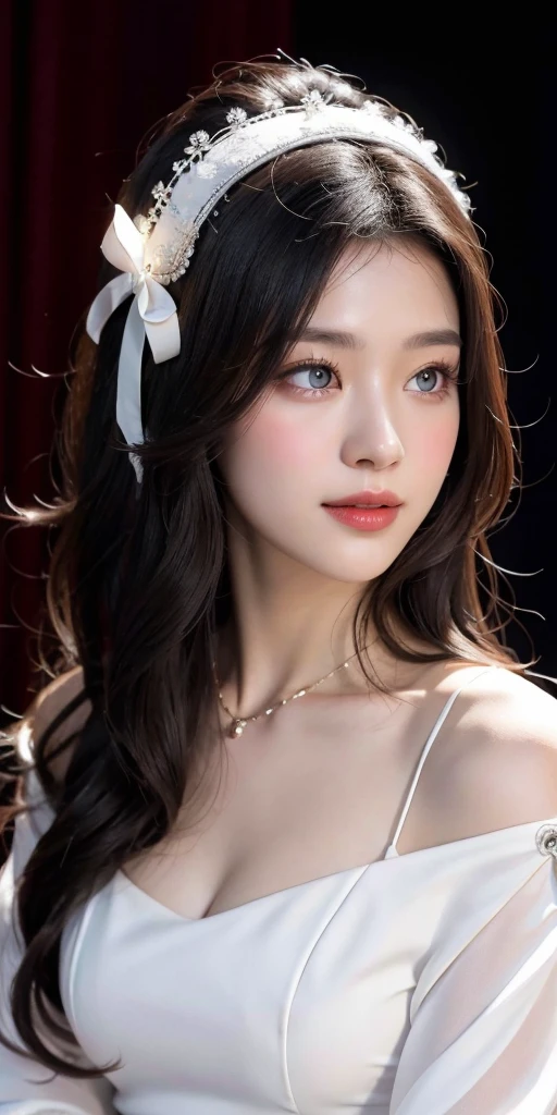 korean,realistic, masterpiece, final detail, photo realistic, intricate detail, octane rendering, 8K, 1Girl, full bodyperfect face, beautiful face, NSWF, trough reference, detail hair,, black bow, black gloves, black legs, blue eyes, blue hair, bow, collarbone, dress, drill hair, ruffles, ruffles, gloves, gwen, headdress, highres, long hair, parted lips, y sleeves, purple eyes, smile, solo, white dress, oil skin,