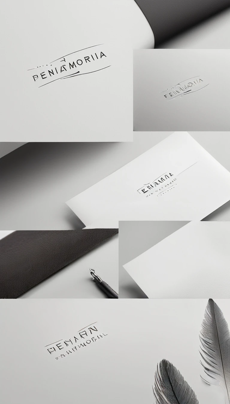 A minimal, modern, simple, cinematic logo design for the brand “Penamemoria". Create a modern, minimalistic, high-quality, logo of a dreamy. fantastic, poetic, masterpiece bird feather
