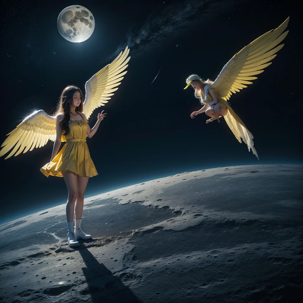 Giant Angel, long yellow wings, at the moon, looking at earth